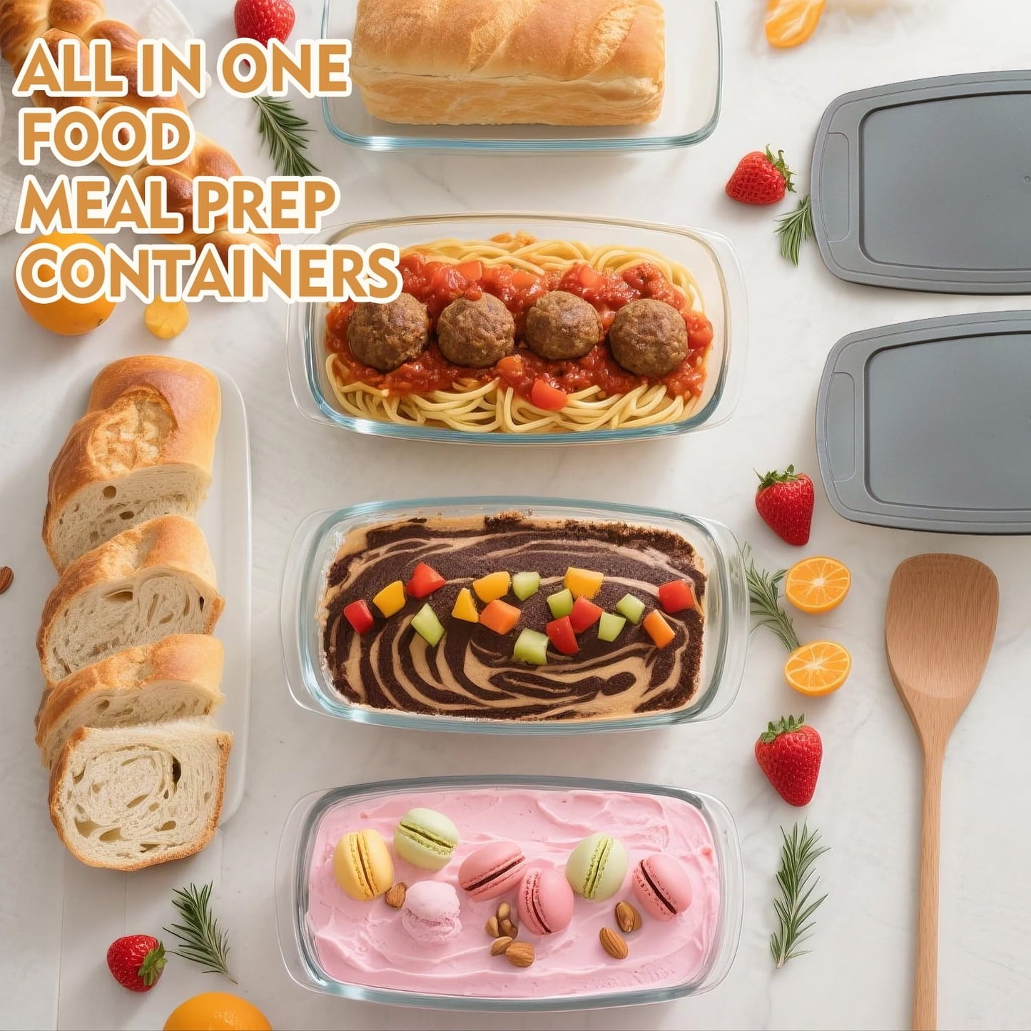 3 Pack Glass Loaf Pan Set with Lids - 1.9 Qt/1800 ML Stackable Glass Bread Baking Dishes, Airtight Meal Prep Food Storage Containers, Oven & Microwave Safe, Dishwasher Safe, Grey