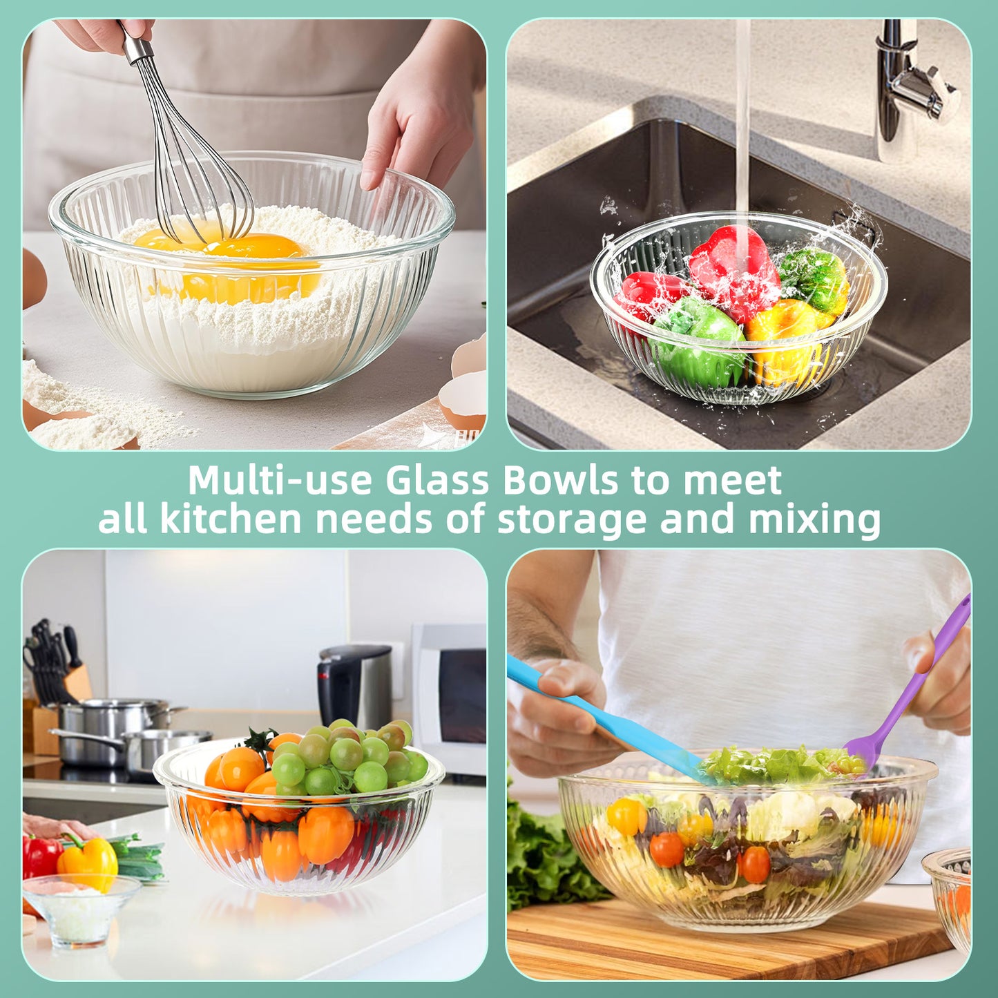 3-Pack Glass Mixing Bowls (1.2 QT, 2.3 QT, 3.6 QT) with Glass Mixing Bowls Set, AOKIWO 8 Pack 3 Size Glass Nesting Mixing Bowl with BPA-Free Lids & Baking Tools, Kitchen Storage Bowls for Prep, Baking, Serving
