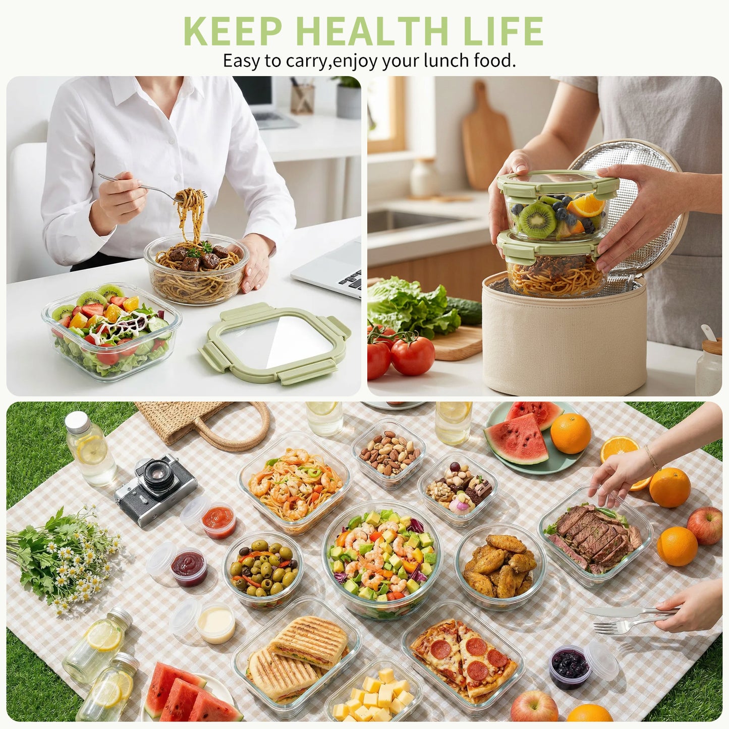 36pcs Glass Food Storage Containers with Lids Set, Airtight Meal Prep Containers (18 Containers & 18 Lids),Green