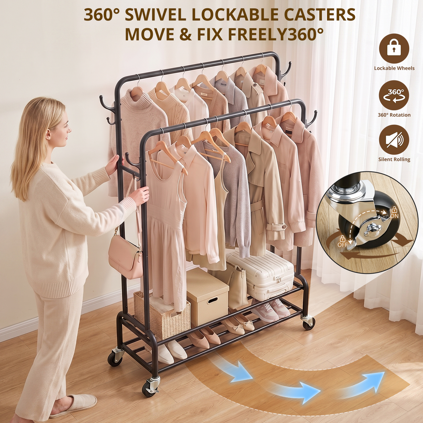 Heavy Duty Double Rod Clothes Rack, Rolling Garment Rack with 2 Tier Shelf and Side Hooks, Metal Coat Rack on Wheels for Bedroom, Laundry Room and Living Room, 44.3"L x 16.1"W x 61.8"H, Black