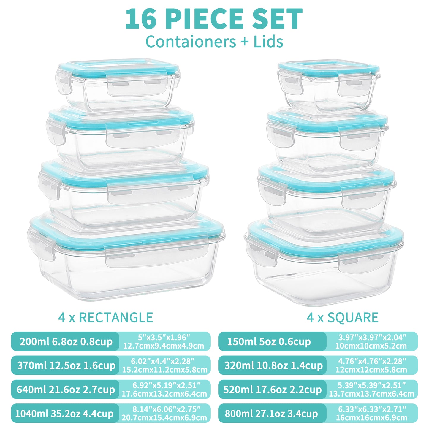 16 Pcs Glass Food Storage Containers , Meal Prep , Airtight Bento Boxes with Leak Proof Locking Lids, for Microwave, Oven, Freezer and Dishwasher, BPA Free