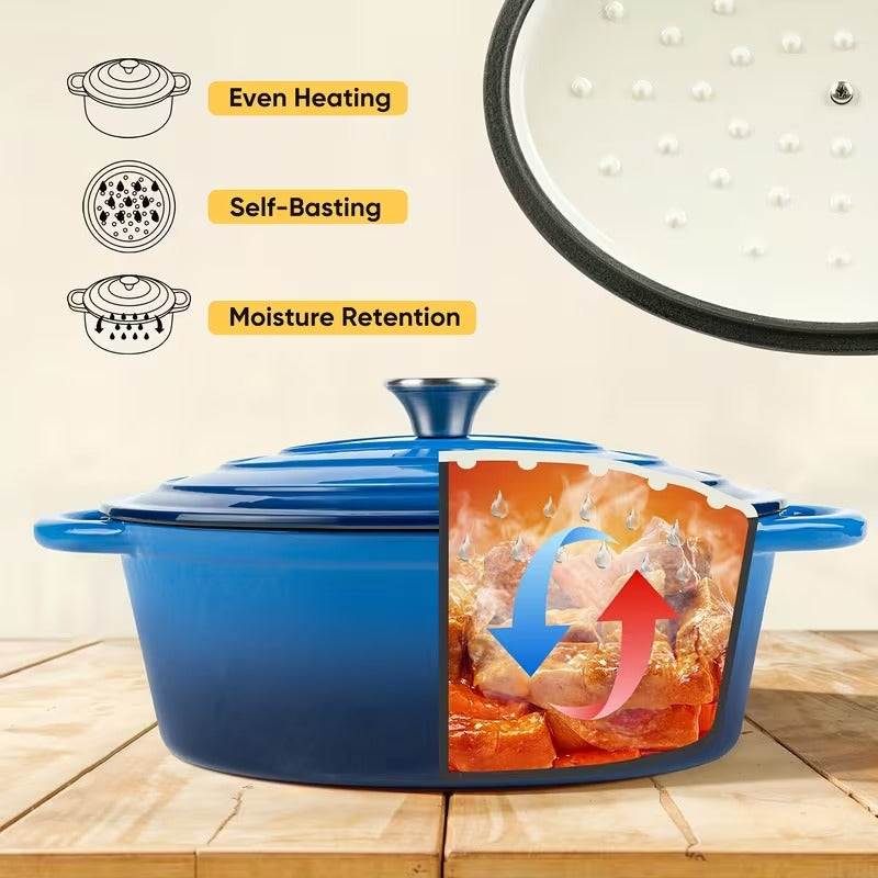 Enameled Oval Dutch Oven Pot , TAIMASI Cast Iron Dutch Oven with Dual Handles and Lid, Non-stick Enamel Coated Cookware for Bread Baking, Cooking, Frying, Oven Safe, Blue