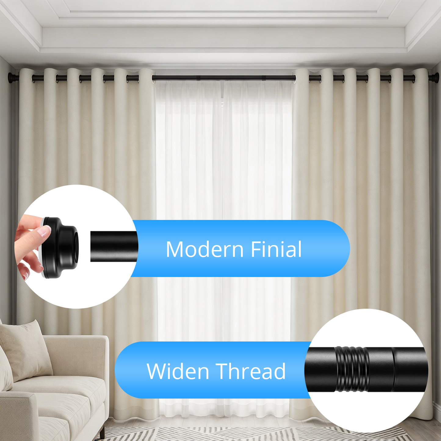 MIBOTE Shower Curtain Rod 32-85 Inch,Adjustable Curtain Rod for Windows,Modern Design, Easy Installation,Black