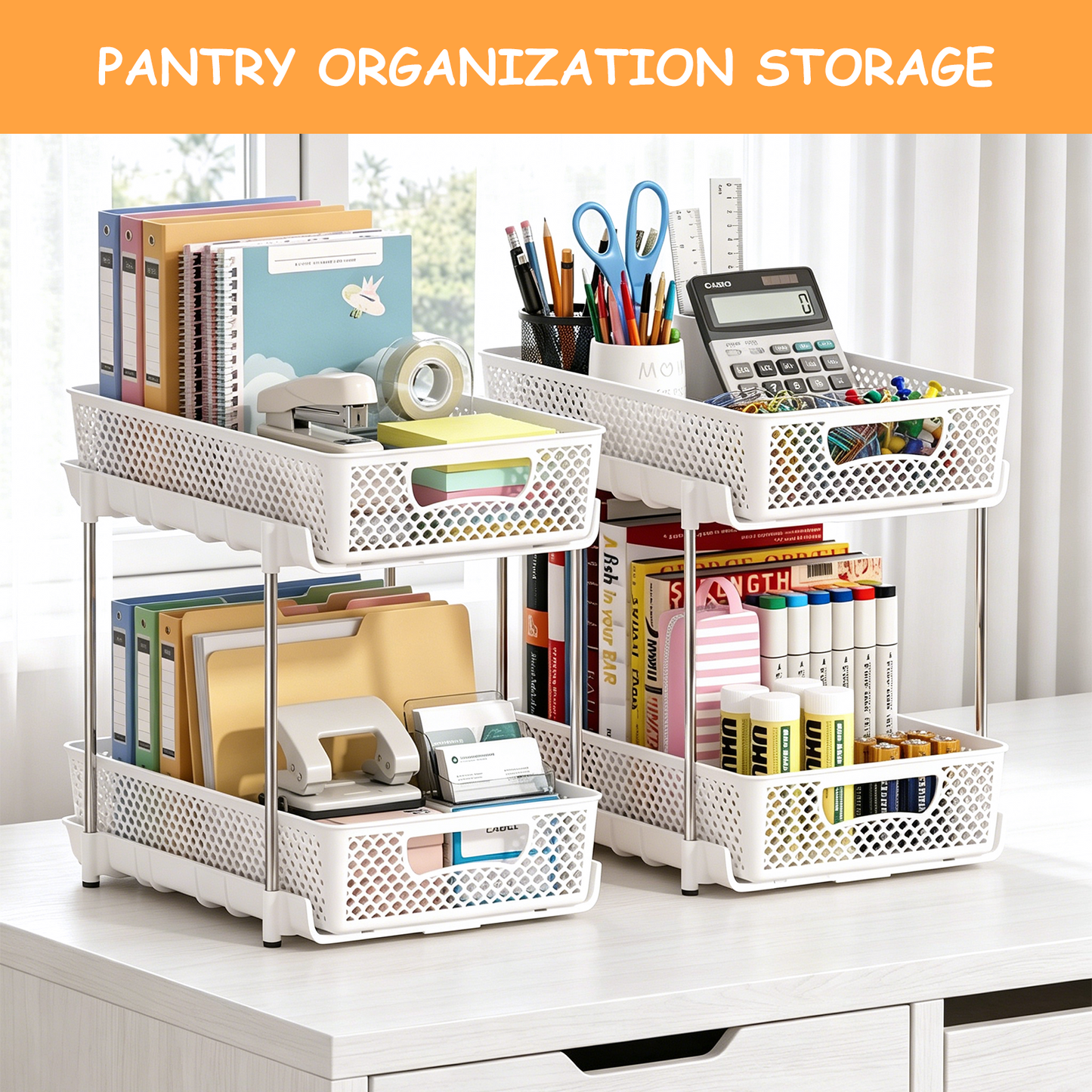 4 Pack Pull Out Bathroom Organizers and Storage, 2 Tier Stackable Under Sink Storage Organizer for Bathroom, Kitchen Cabinet, Pantry, and Medicine Holder, Organization and Storage - White