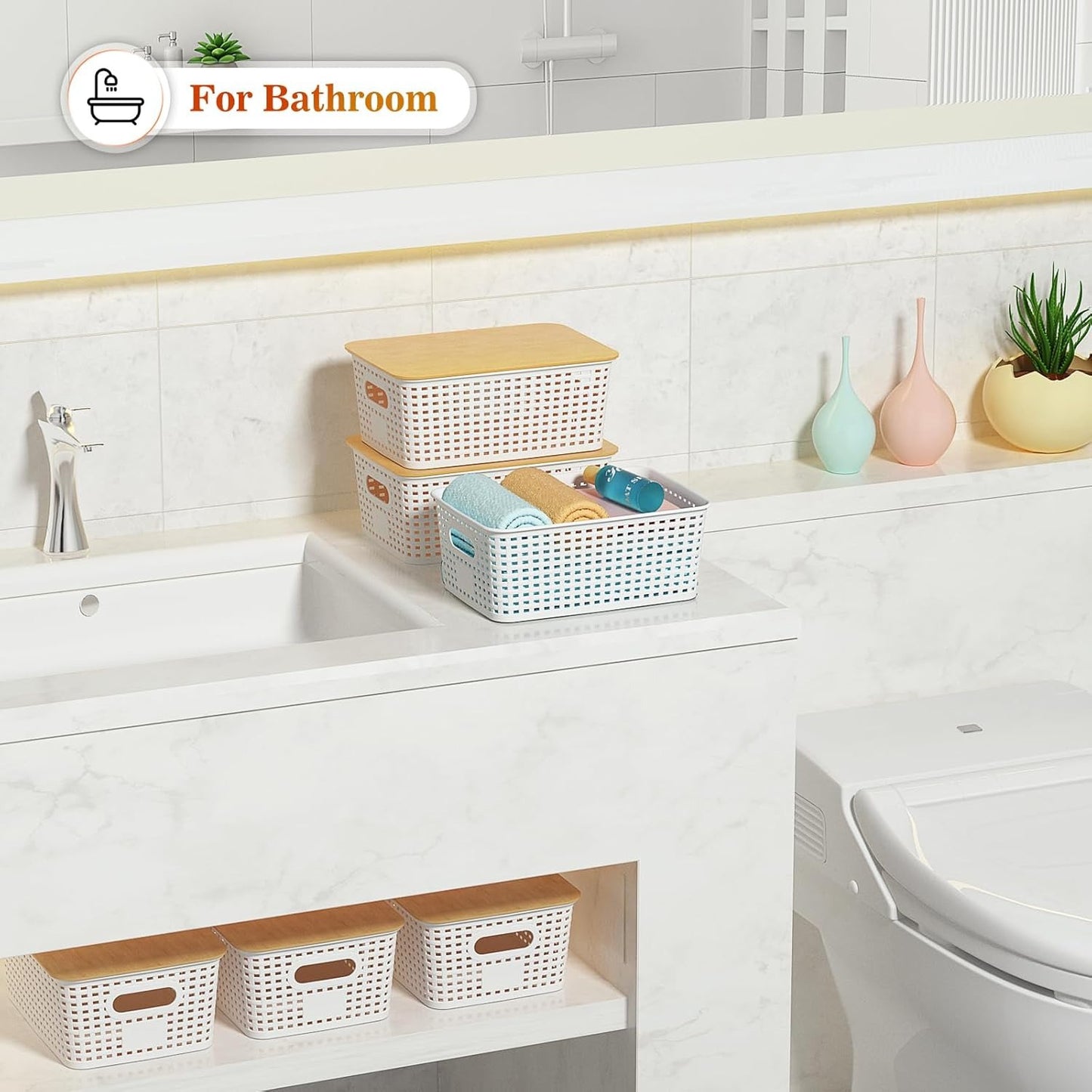 6 Pack Stackable Plastic Storage Baskets with Bamboo Lids, Storage Containers for Organizing Shelves, Drawers, Desktop, Closet, Office & Classroom, Includes Labels & Pen