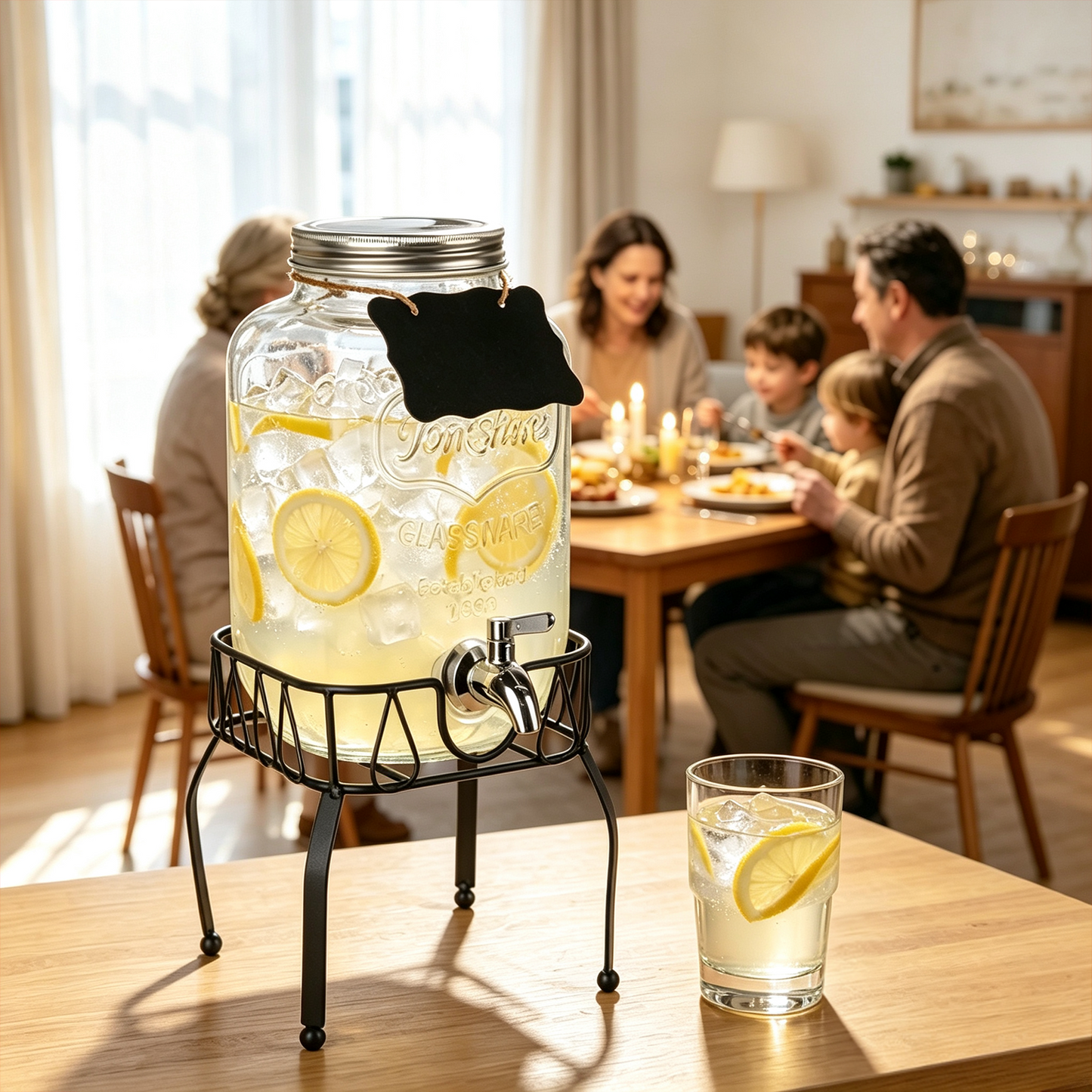 1 Gallon Glass Drink Dispensers for Parties, TAIMASI Beverage Dispenser with Stand & Ice Cylinder, Leakproof Lemonade Drink Dispenser for Sun Tea, Homemade Juice