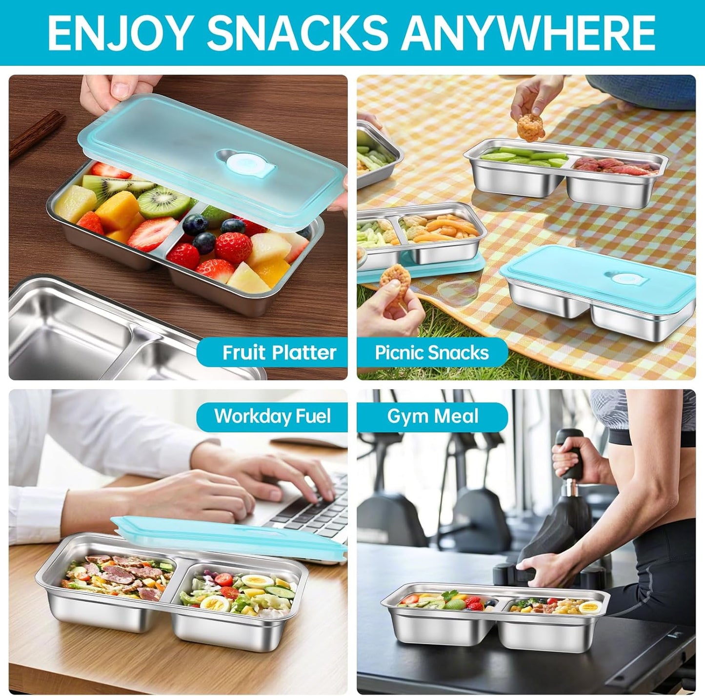 4 Pack Stainless Steel Snack Containers, Grab and Go Snack Containers with Lids and Lunch Box Bag, Reusable 2 Compartment Food Storage Containers  for Travel & Outdoor Camping