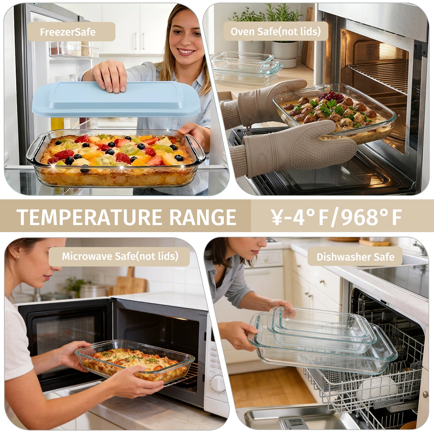 11 Pcs Deep Glass Baking Dish Set with lids/Egg Separator/Brush/Spatula, Rectangular Glass Baking Pans Bakeware Set for Lasagna, Leftovers, Cooking, Freezer-to-Oven, Multicolor
