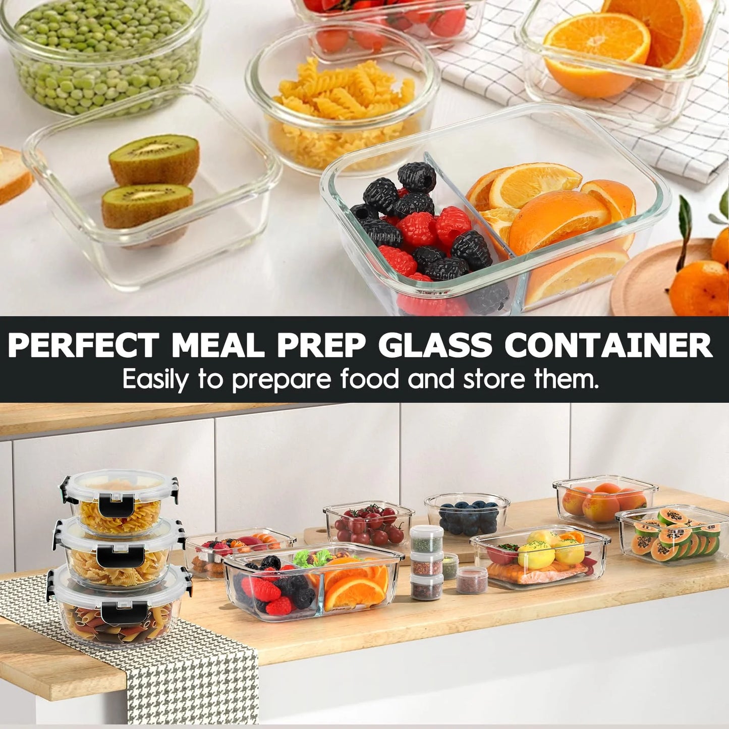 21 Set Glass Food Storage Containers with Snap Locking Lids Set, Glass Meal Prep Containers, 21 Containers & 21 Lids, Black