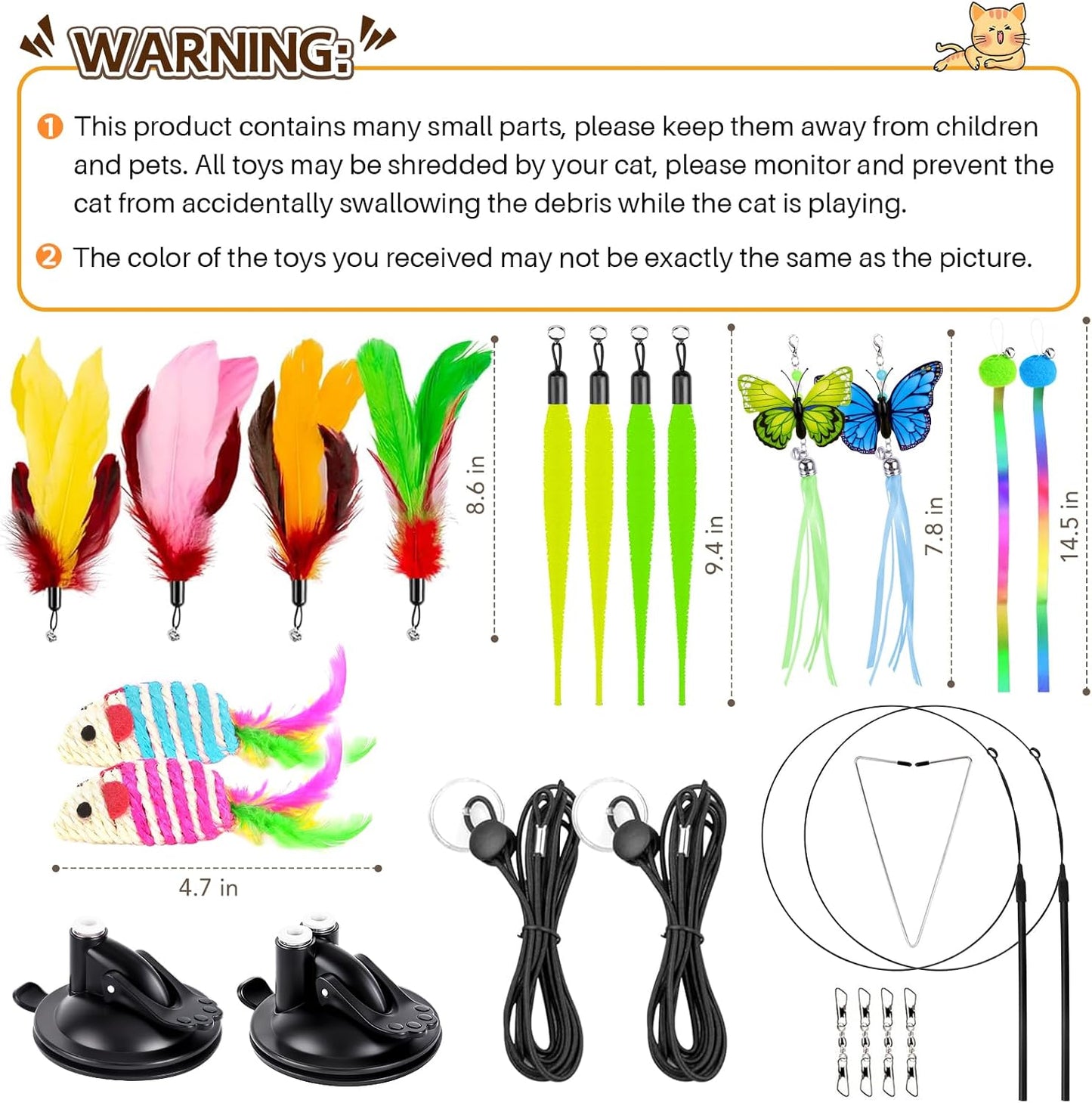 Cat Toys, 14Pcs 4 in 1 Indoor Adult Cat Interactive Toys, Hanging Door Kitten Wand with Suction Cup Removable Feathers Balls Mice Butterfly Streamers