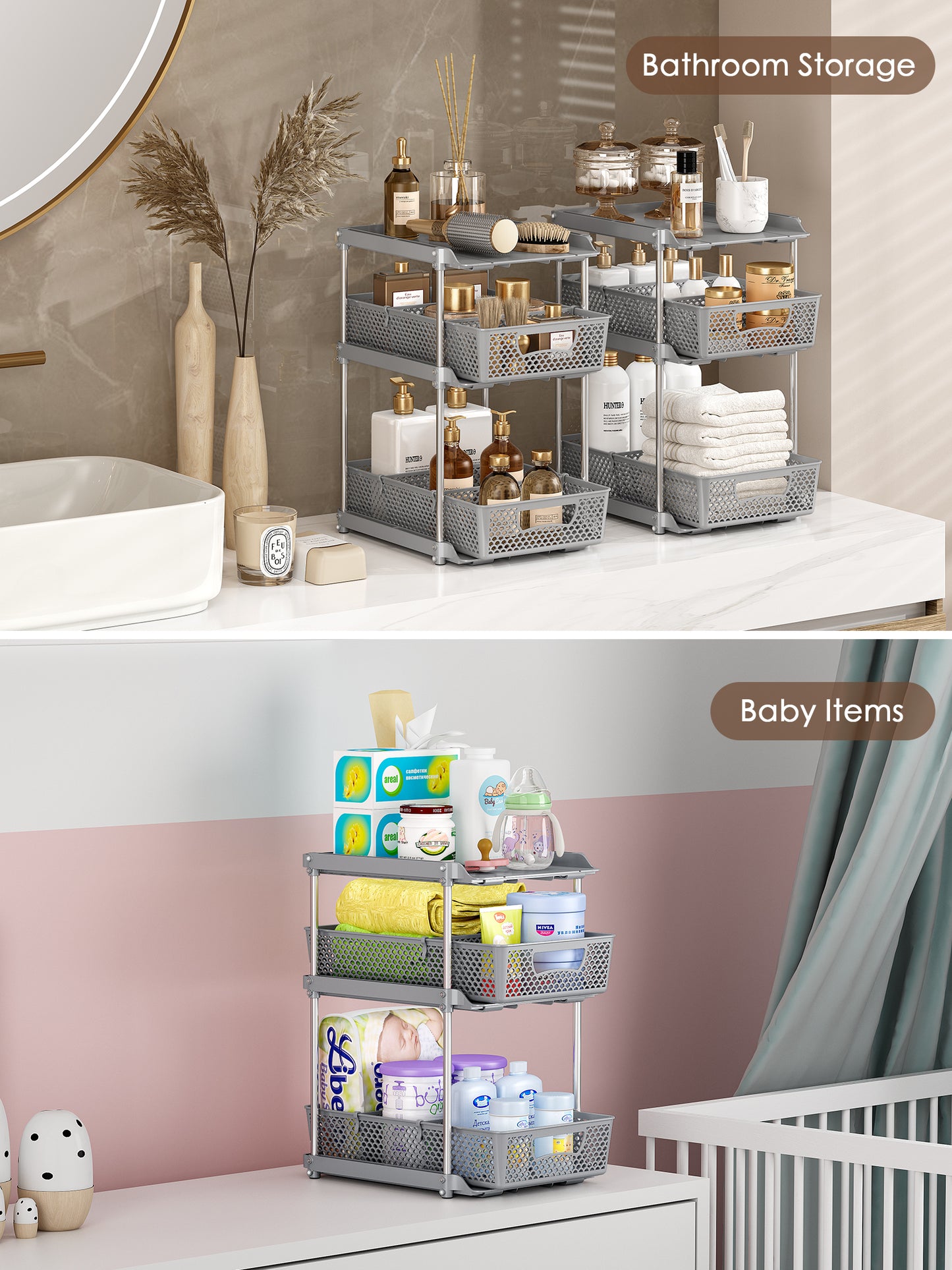 TAIMASI Pull-Out 3 Tier Bathroom Organizers and Storage, Under Sink Organizer, Kitchen Cabinet Organizer Gray, 3 (Count)