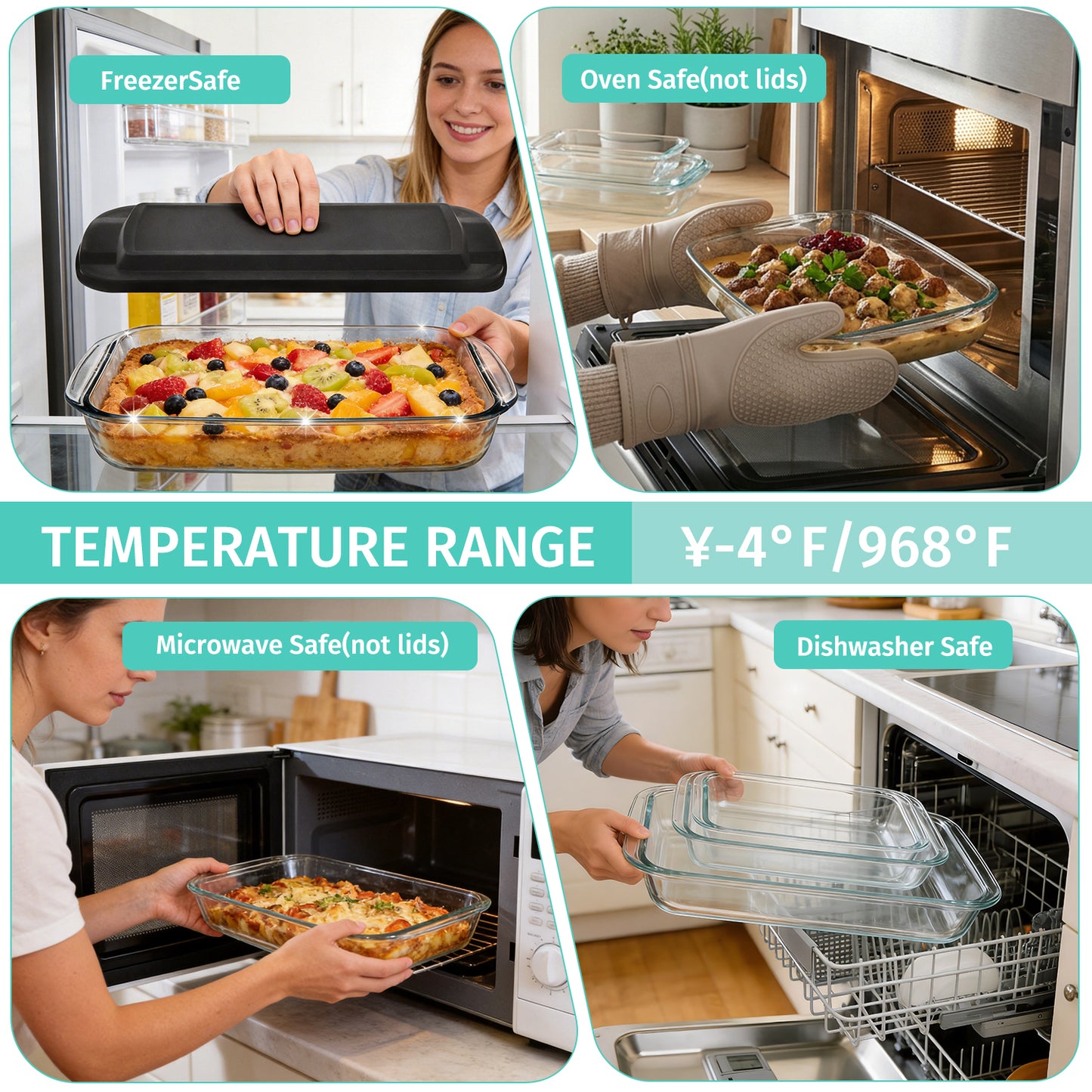 11 Pcs Deep Glass Baking Dish Set with lids/Egg Separator/Brush/Spatula, Rectangular Glass Baking Pans Bakeware Set for Lasagna, Leftovers, Cooking, Freezer-to-Oven, Black