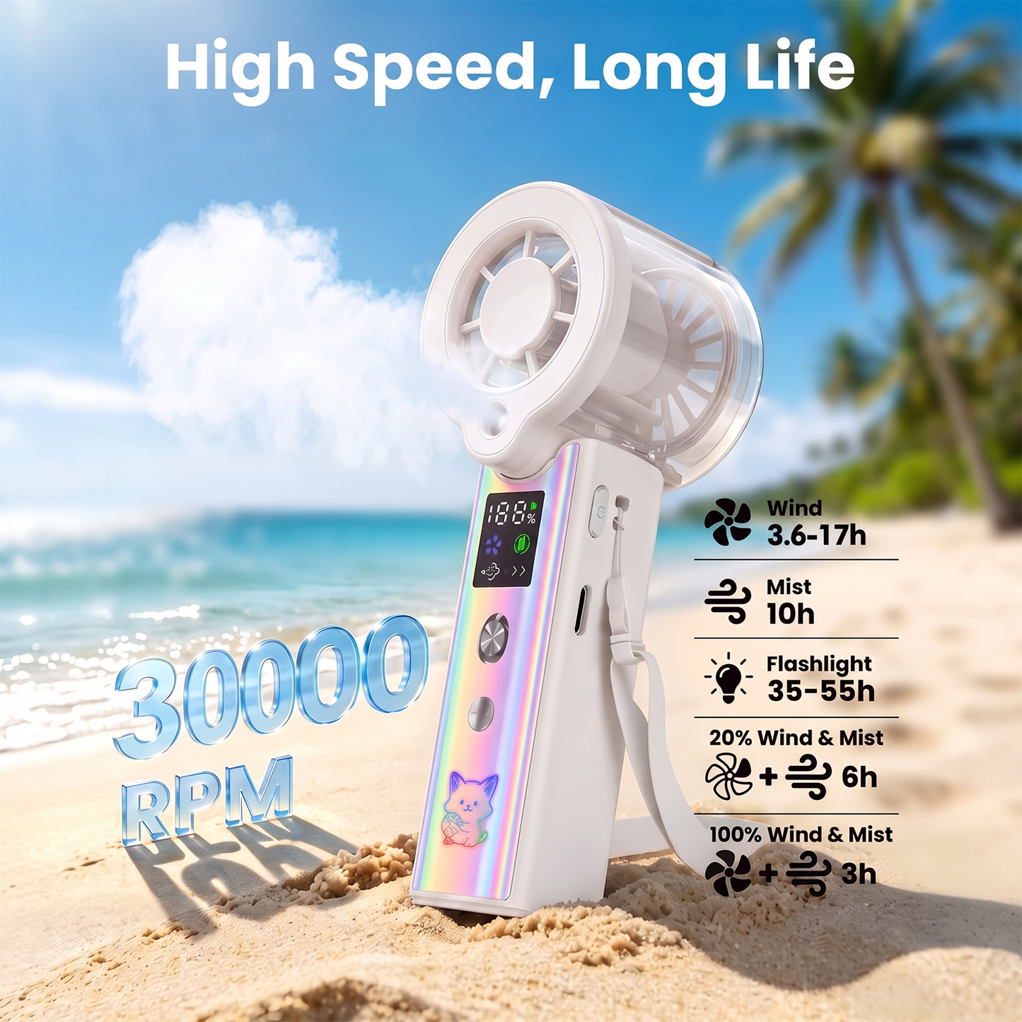 MIBOTE Upgraded Misting Fan Portable Fan with Digital Display, 30ml Water Tank, Multiple Speeds, Portable for Outdoor and Travel –White