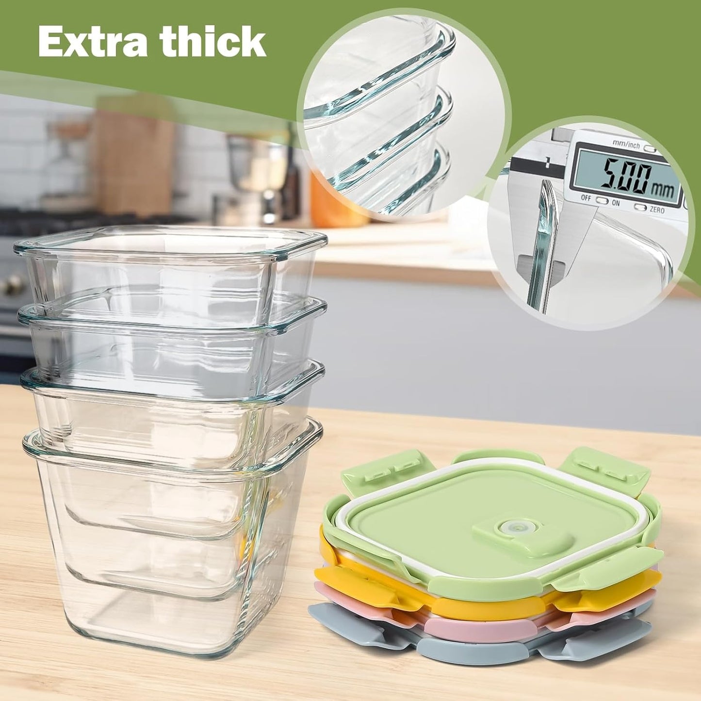 8 Pcs Glass Food Storage Containers with Lids, 4 Cup Airtight Soup Bowl, Square Meal Prep Jar for Fruit, Lunch, Freezer Microwave Safe