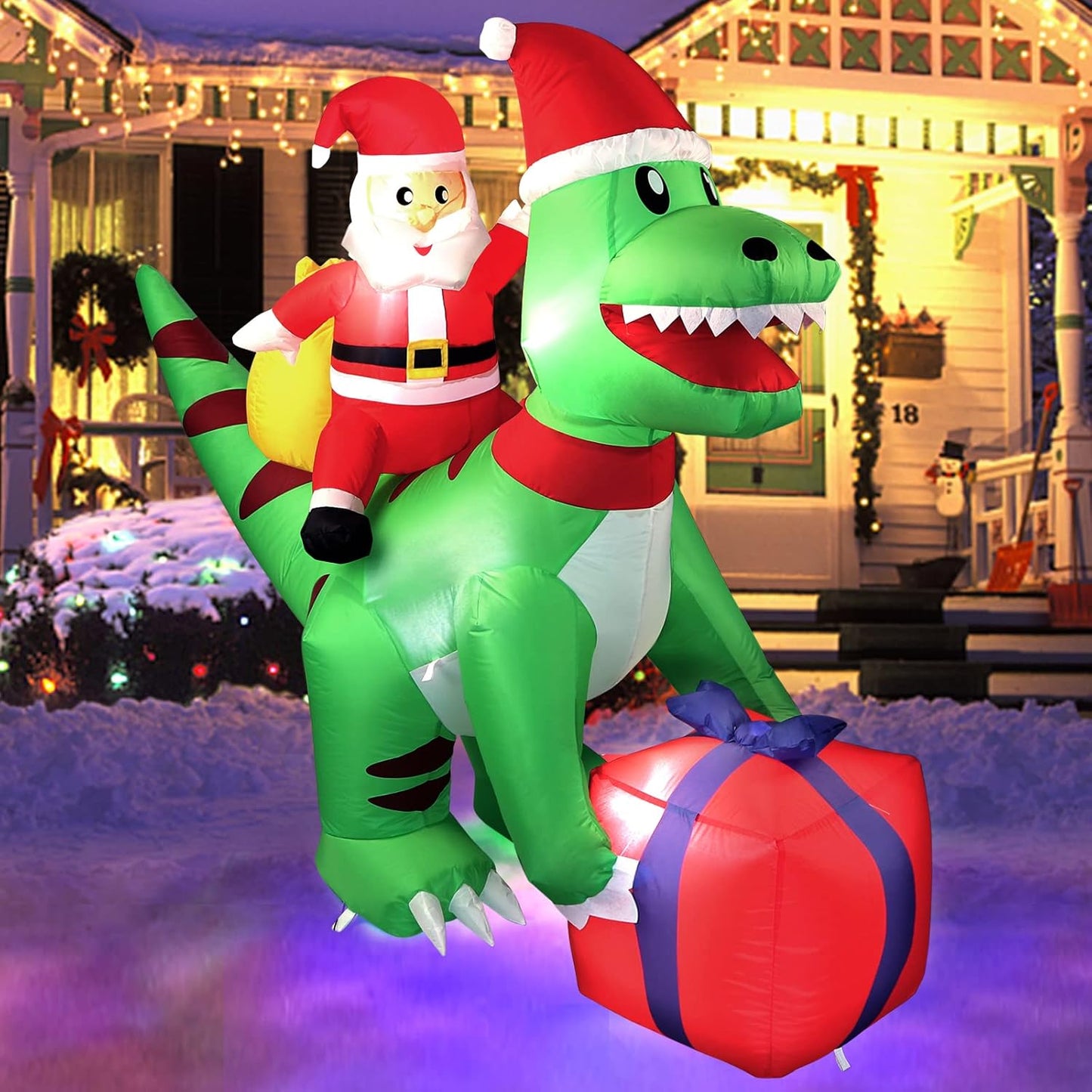 5FT Christmas Inflatables Decorations, AOKIWO Indoor Outdoor Xmas Blow up Santa Dinosaur Gift Bag Built-in LED Lights Decoration for Yard, Lawn,Garden