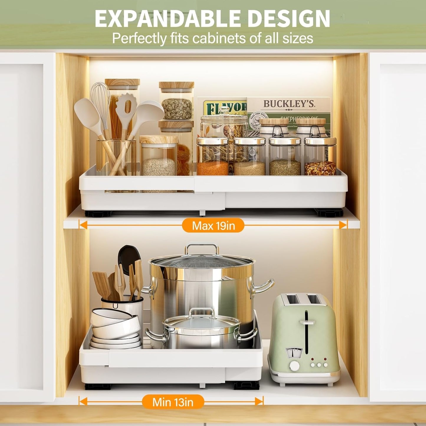 2 Pack Pull Out Cabinet Organizers Expandable (13''-19''), Slide Out Drawers for Kitchen, Bathroom, Pantry, Under Sink Storage, Pull Out Drawers Fixed with Adhesive Nano Film (White)