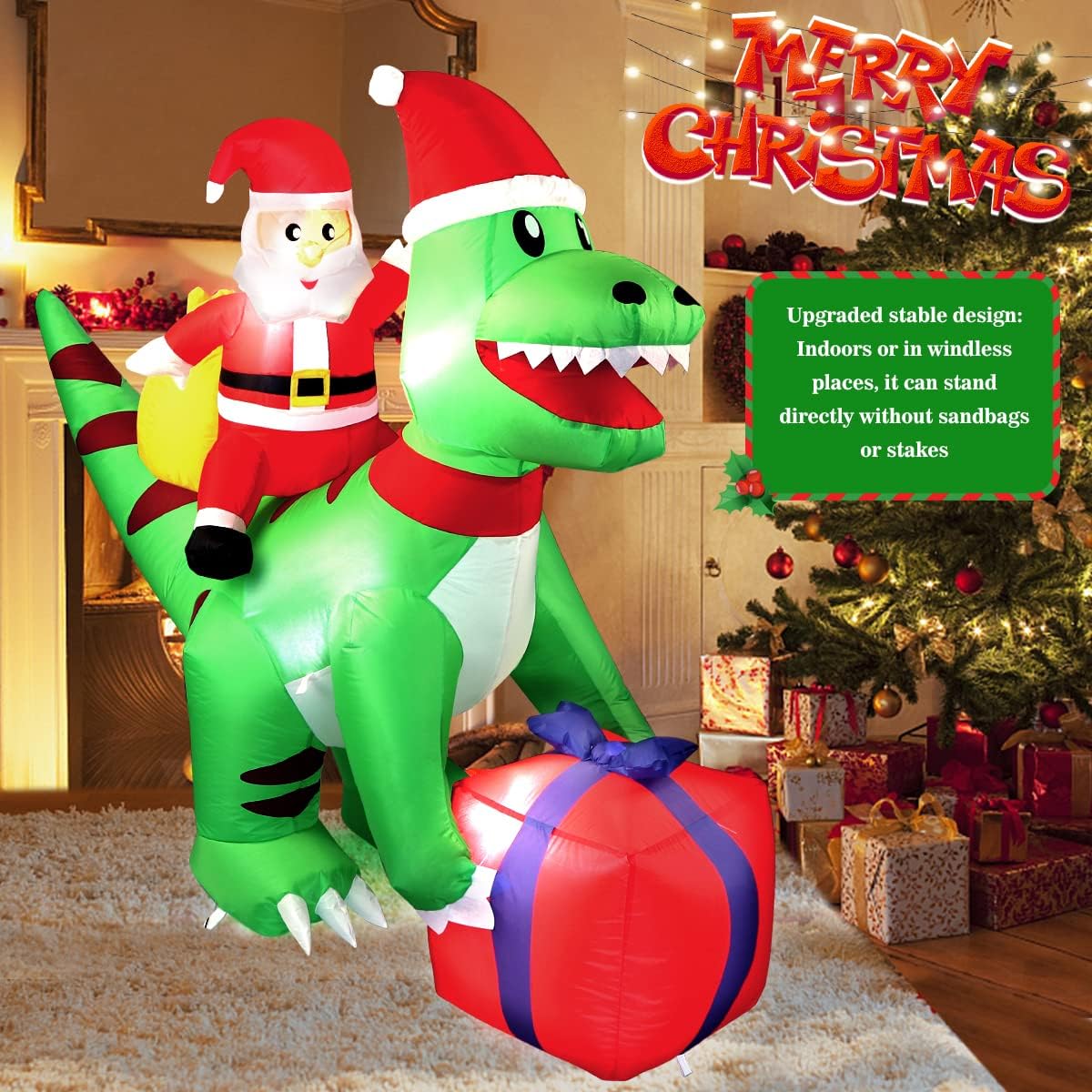 5FT Christmas Inflatables Decorations, AOKIWO Indoor Outdoor Xmas Blow up Santa Dinosaur Gift Bag Built-in LED Lights Decoration for Yard, Lawn,Garden