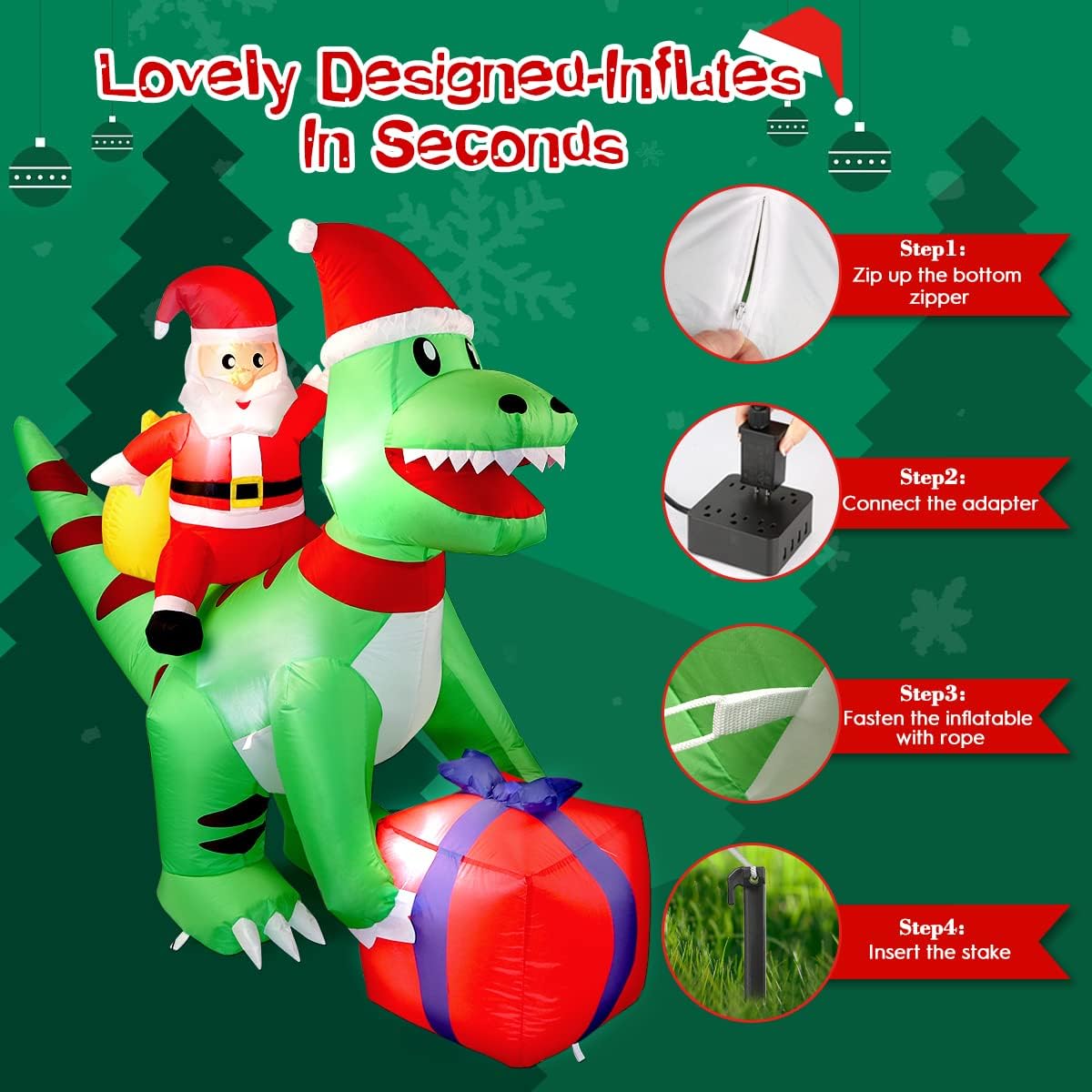 5FT Christmas Inflatables Decorations, AOKIWO Indoor Outdoor Xmas Blow up Santa Dinosaur Gift Bag Built-in LED Lights Decoration for Yard, Lawn,Garden