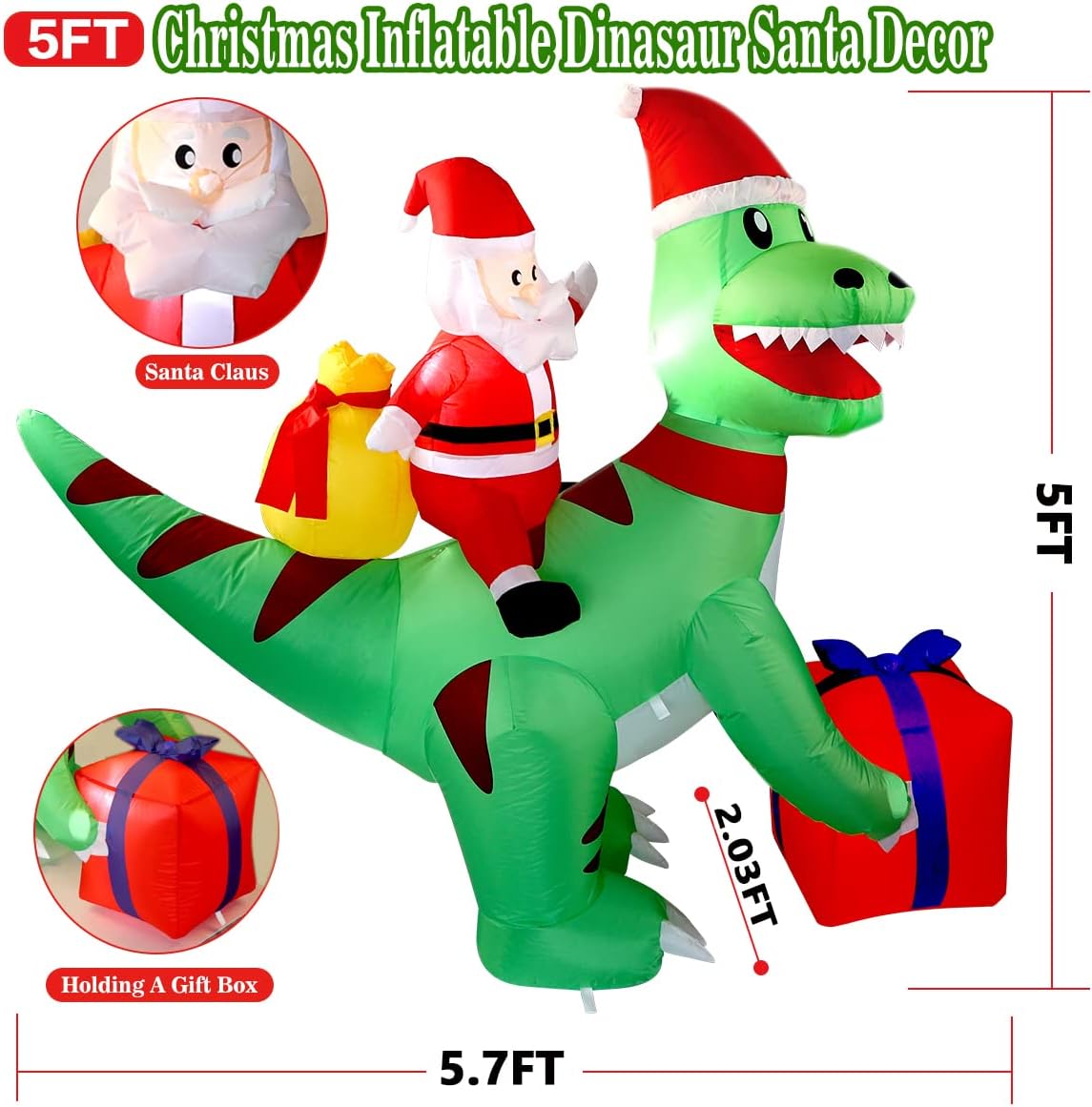 5FT Christmas Inflatables Decorations, AOKIWO Indoor Outdoor Xmas Blow up Santa Dinosaur Gift Bag Built-in LED Lights Decoration for Yard, Lawn,Garden