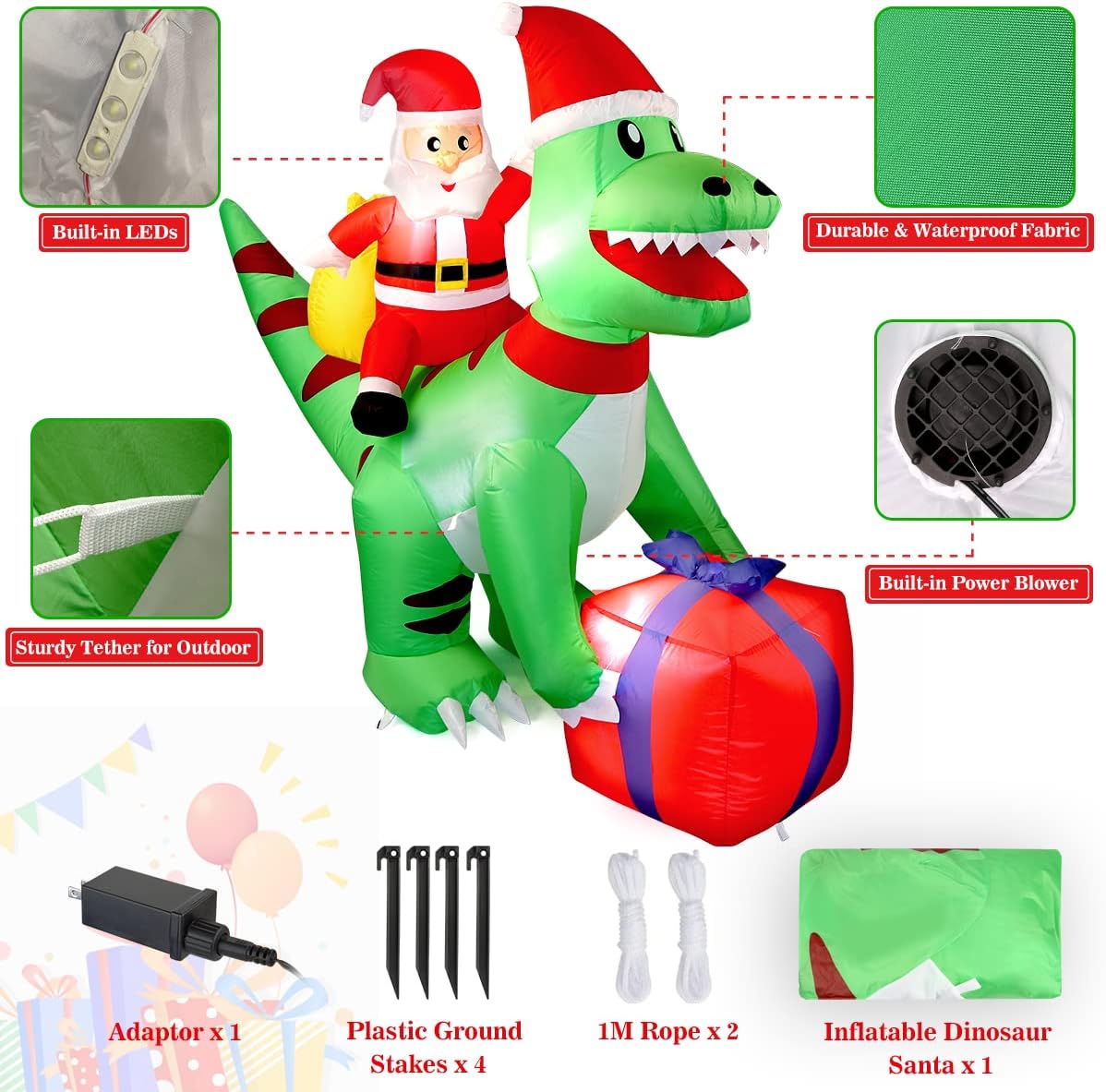 5FT Christmas Inflatables Decorations, AOKIWO Indoor Outdoor Xmas Blow up Santa Dinosaur Gift Bag Built-in LED Lights Decoration for Yard, Lawn,Garden