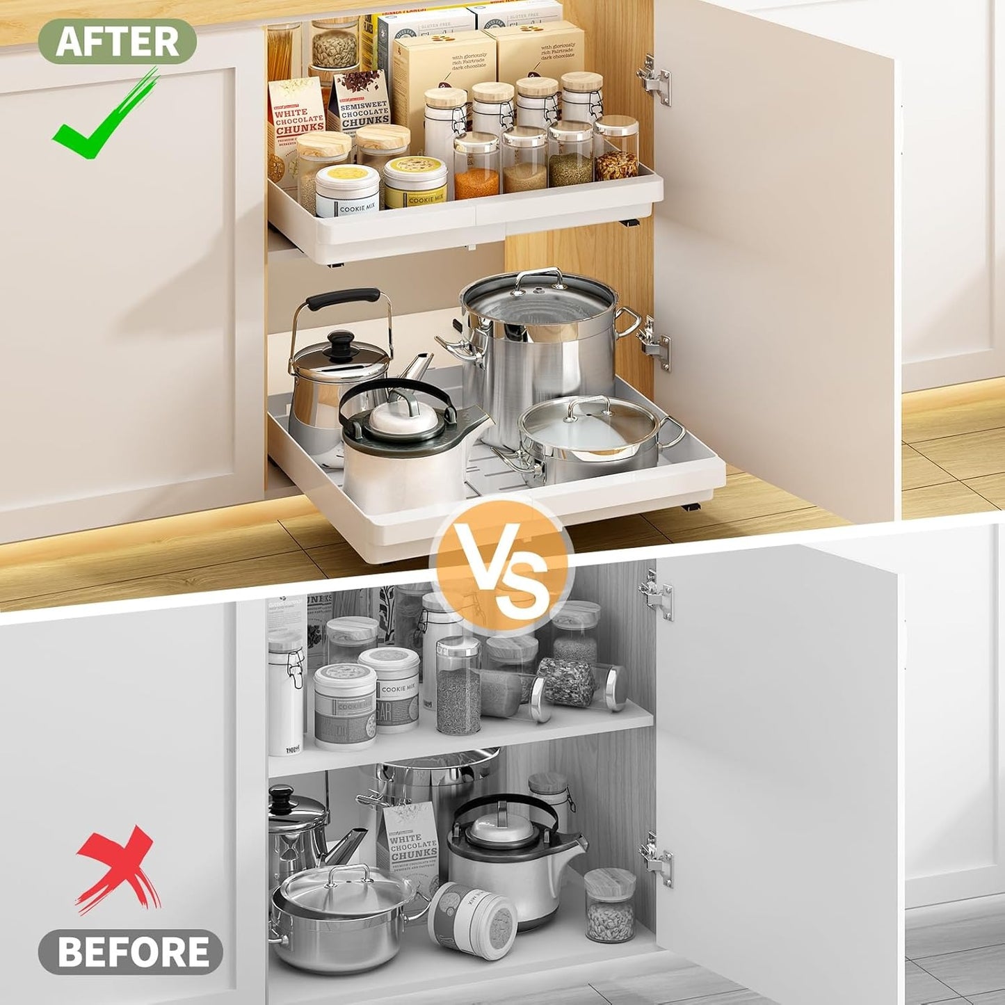 2 Pack Pull Out Cabinet Organizers Expandable, Slide Out Drawers for Kitchen, Bathroom, Pantry, Under Sink Storage, Pull Out Drawers Fixed with Adhesive Nano Film (White, 11.6''-17.5'')