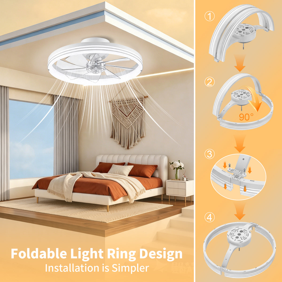 Foldable Ceiling Fans with Lights and Remote, 20'' Low Profile Ceiling Fans, 3000-6000K Dimmable Modern Flush Mount LED Fan Light, Fandelier Ceiling Fan for Bedroom, Kitchen, Living Room
