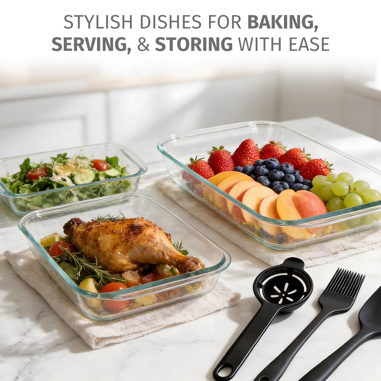 11 Pcs Deep Glass Baking Dish Set with lids/Egg Separator/Brush/Spatula, Rectangular Glass Baking Pans Bakeware Set for Lasagna, Leftovers, Cooking, Freezer-to-Oven, Gray