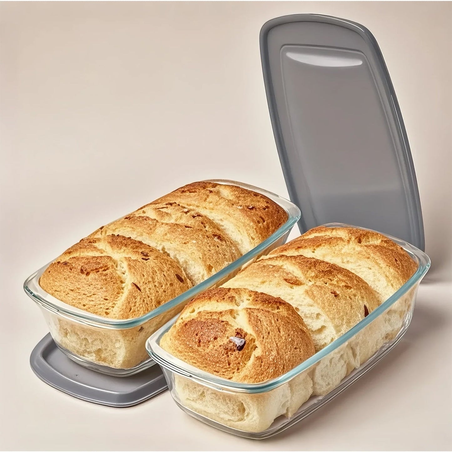3 Pack Glass Loaf Pan Set with Lids - 1.9 Qt/1800 ML Stackable Glass Bread Baking Dishes, Airtight Meal Prep Food Storage Containers, Oven & Microwave Safe, Dishwasher Safe, Grey