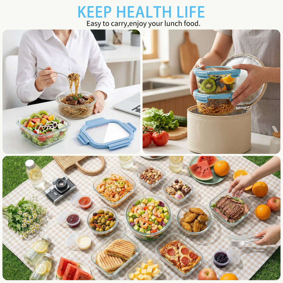 36 Pcs Glass Food Storage Containers with Tempered Lids Set, Borosilicate Oven-Safe(-4°F~950°F), Airtight Meal Prep Lunch Box Containers (18 Containers & 18 Lids), Milk blue