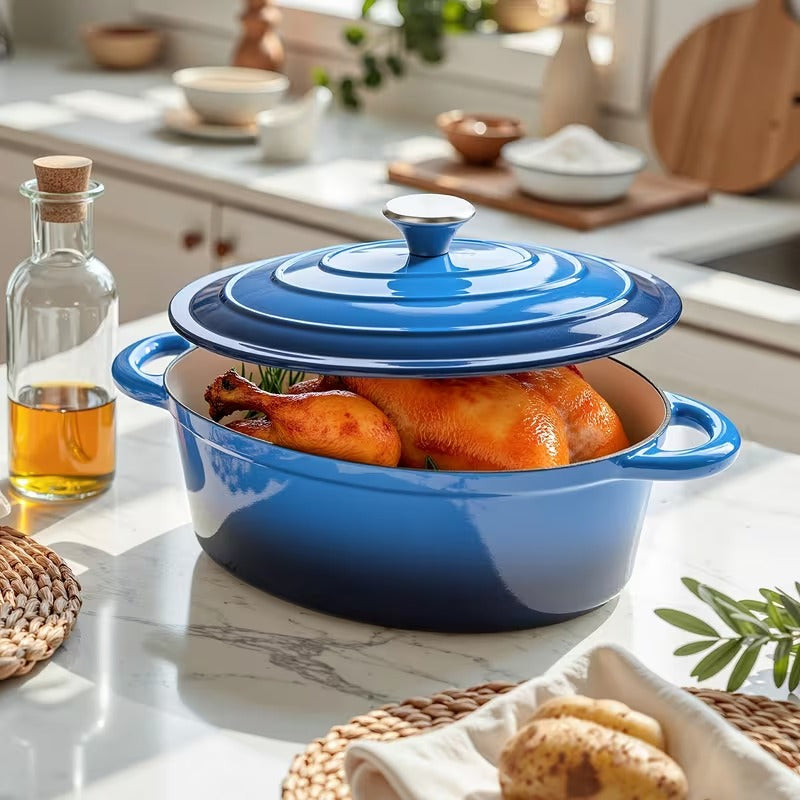 Enameled Oval Dutch Oven Pot , TAIMASI Cast Iron Dutch Oven with Dual Handles and Lid, Non-stick Enamel Coated Cookware for Bread Baking, Cooking, Frying, Oven Safe, Blue