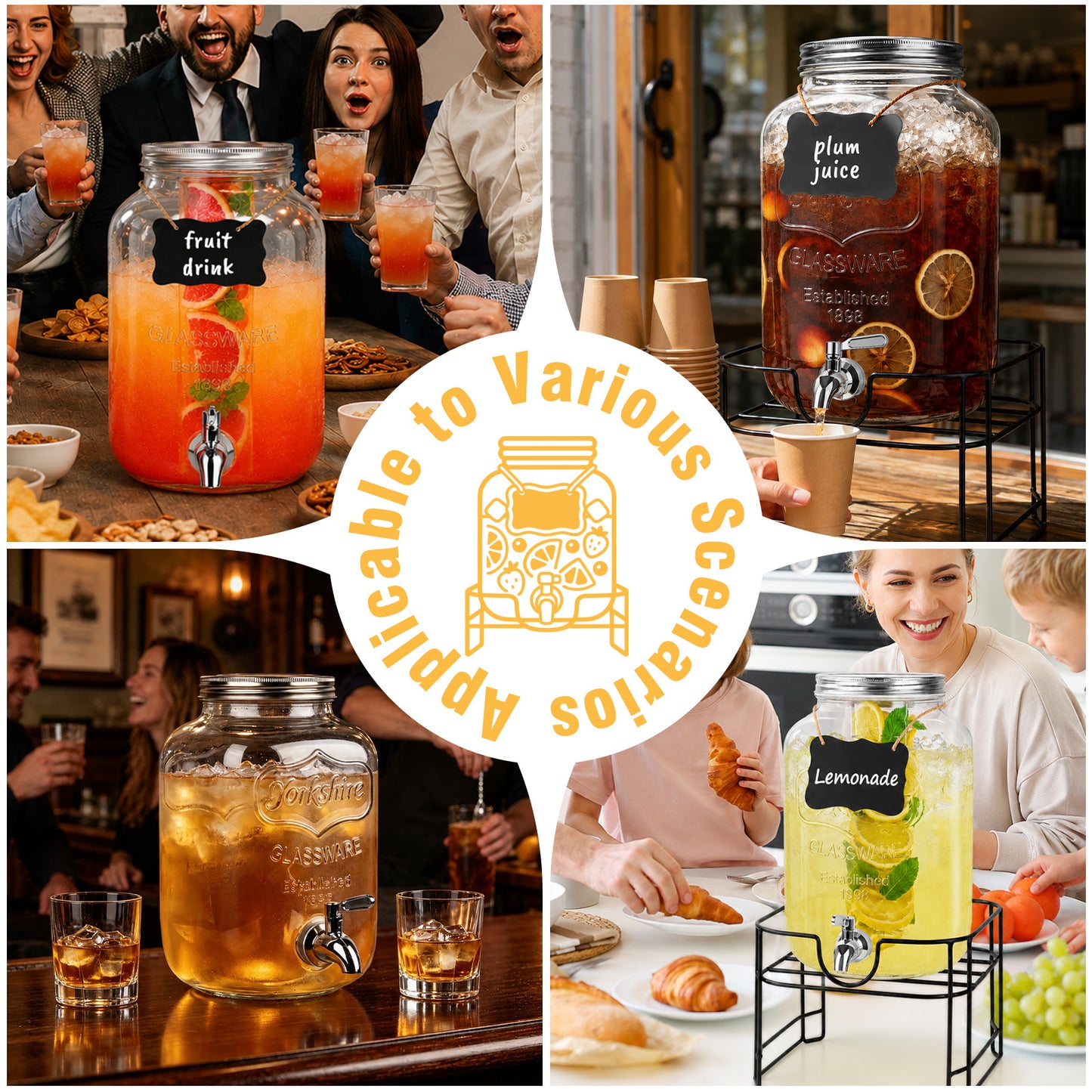Drink Dispensers, TAIMASI 2 Gallon Glass Beverage Dispenser with Stand & Stainless Steel Spigot for Parties, Lemonade Dispenser for Sun Tea, Picnic