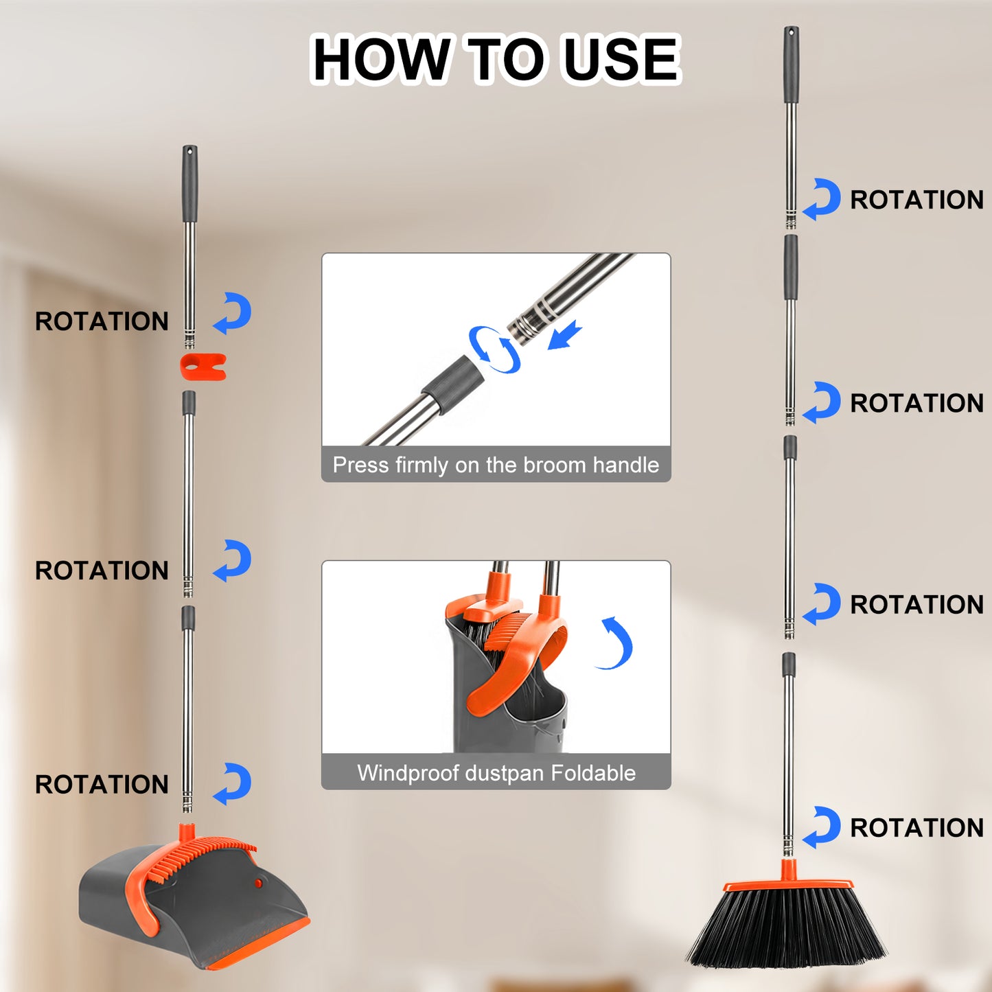 Upgrade Broom and Dustpan Set, TAIMASI Broom with Dustpan Combo with 52" Long Adjustable Handle, Ideal for Indoor Outdoor Garage Kitchen Room Office Lobby (Gray&Orange)