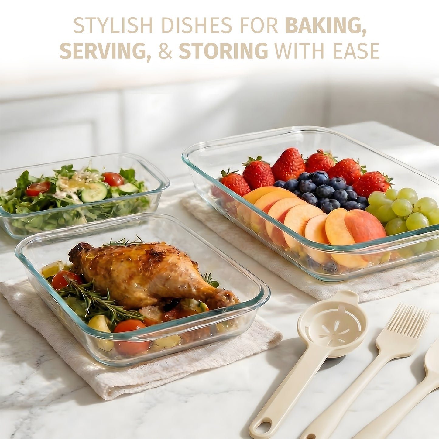 11 Pcs Deep Glass Baking Dish Set with lids/Egg Separator/Brush/Spatula, Rectangular Glass Baking Pans Bakeware Set for Lasagna, Leftovers, Cooking, Freezer-to-Oven, Multicolor