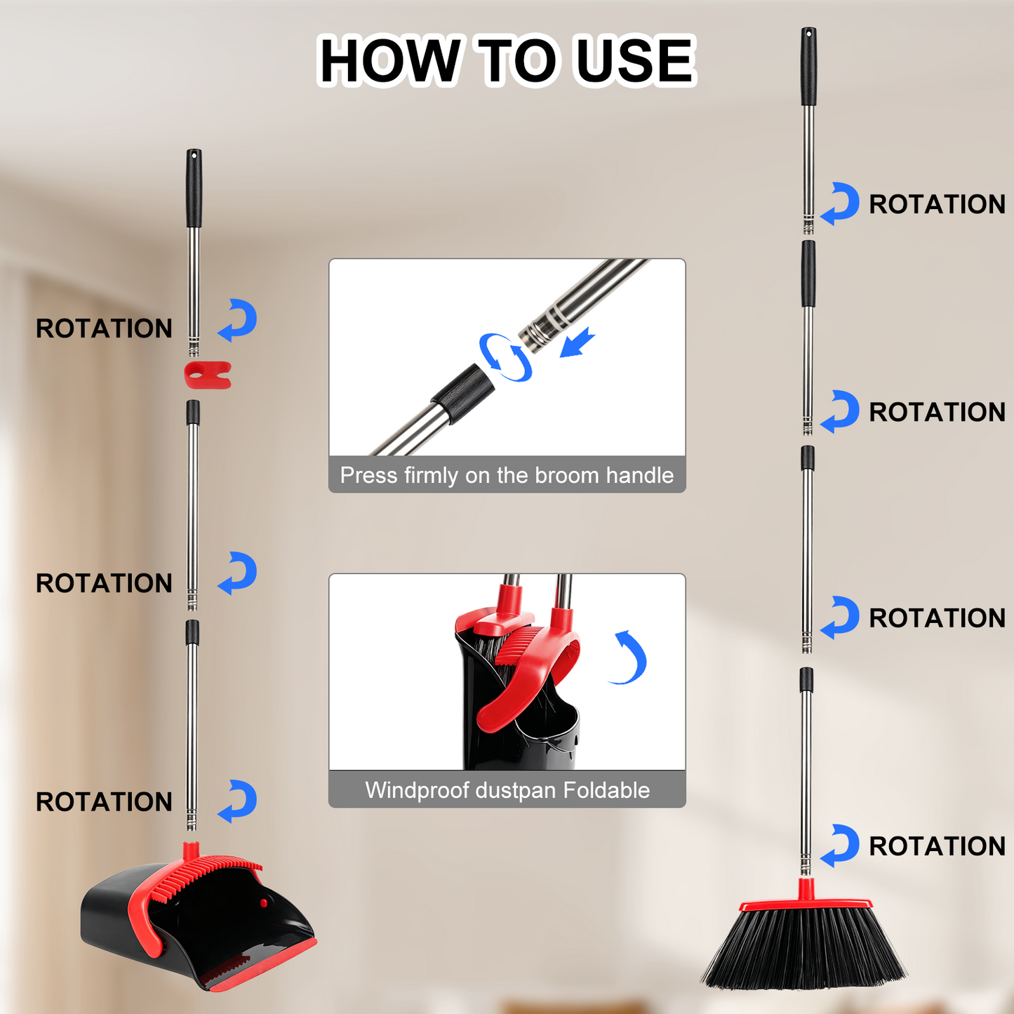 Upgrade Broom and Dustpan Set, TAIMASI Broom with Dustpan Combo with 52" Long Adjustable Handle, Ideal for Indoor Outdoor Garage Kitchen Room Office Lobby Use (Black&Red)