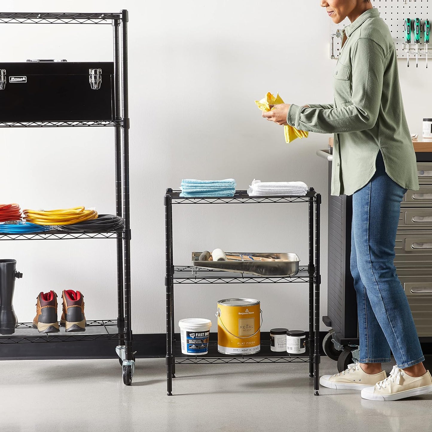 3-Shelf Adjustable Heavy Duty Steel Wire Rack Storage Shelving Organizer for Kitchen, Garage, 23.62" L x 13.77" W x 31.49" H, Black
