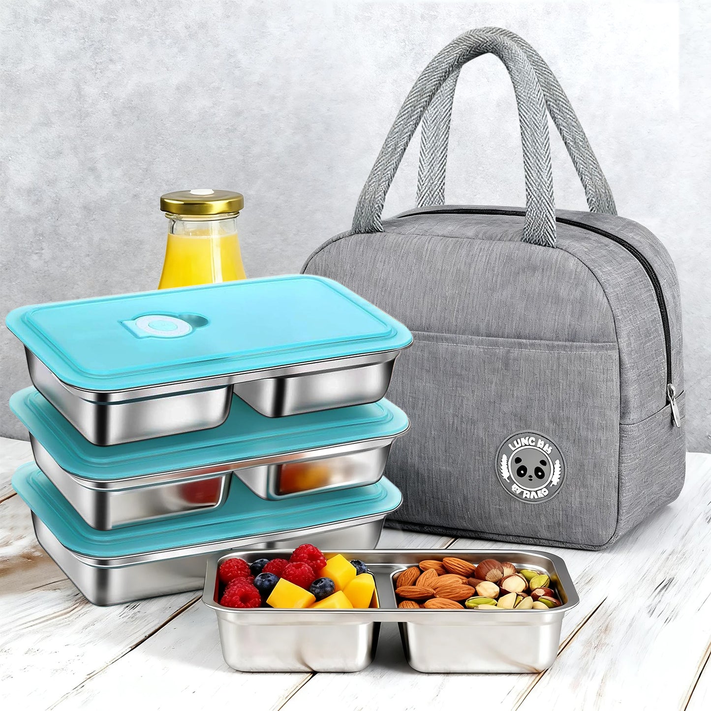 4 Pack Stainless Steel Snack Containers, Grab and Go Snack Containers with Lids and Lunch Box Bag, Reusable 2 Compartment Food Storage Containers  for Travel & Outdoor Camping