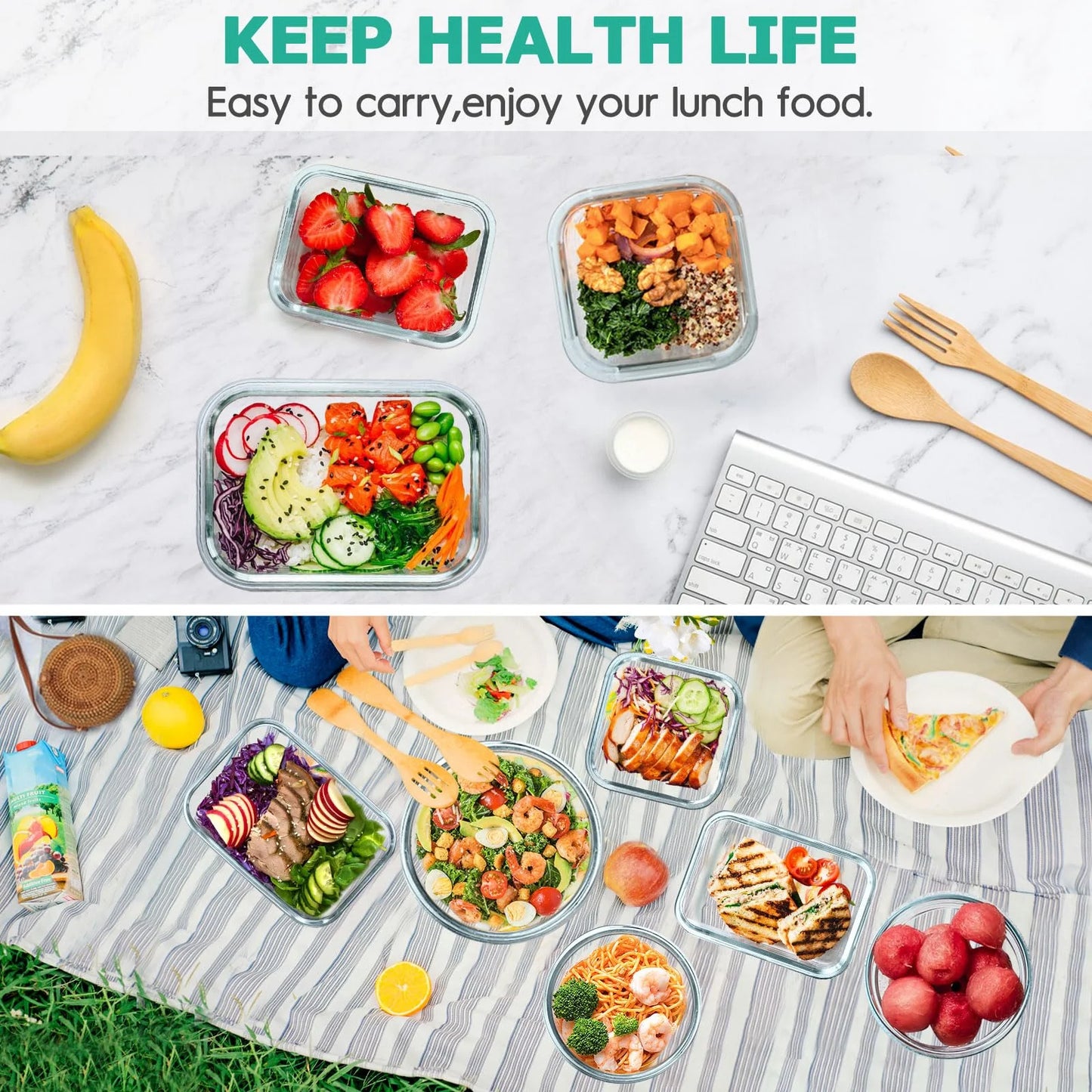 34pcs Glass Food Storage Containers with Lids Set, Airtight Glass Meal Prep Containers (17 Containers & 17 Lids),Leak Proof Lunch Containers BPA-Free, Microwave, Oven, Freezer, Dishwasher,Green