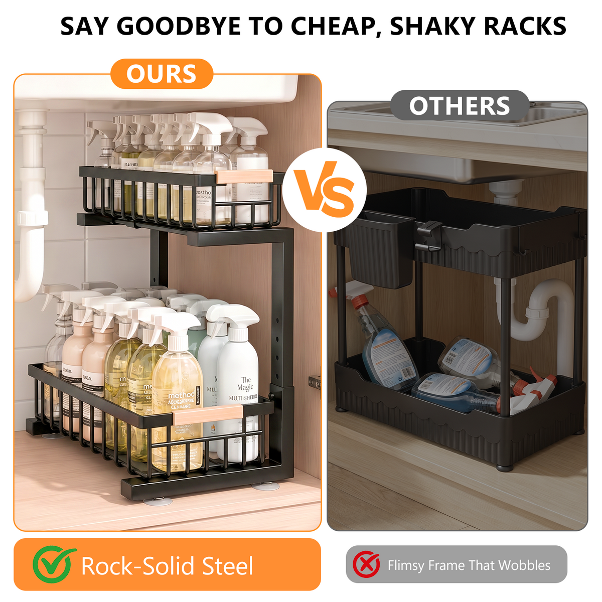 TAIMASI 2 Pack Under Sink Organizers and Storage, 2-Tier Pull Out Cabinet Organizer with Sliding Drawer, Adjustable Height Metal Bathroom Sink Organizer for Kitchen Pantry Closet, Black