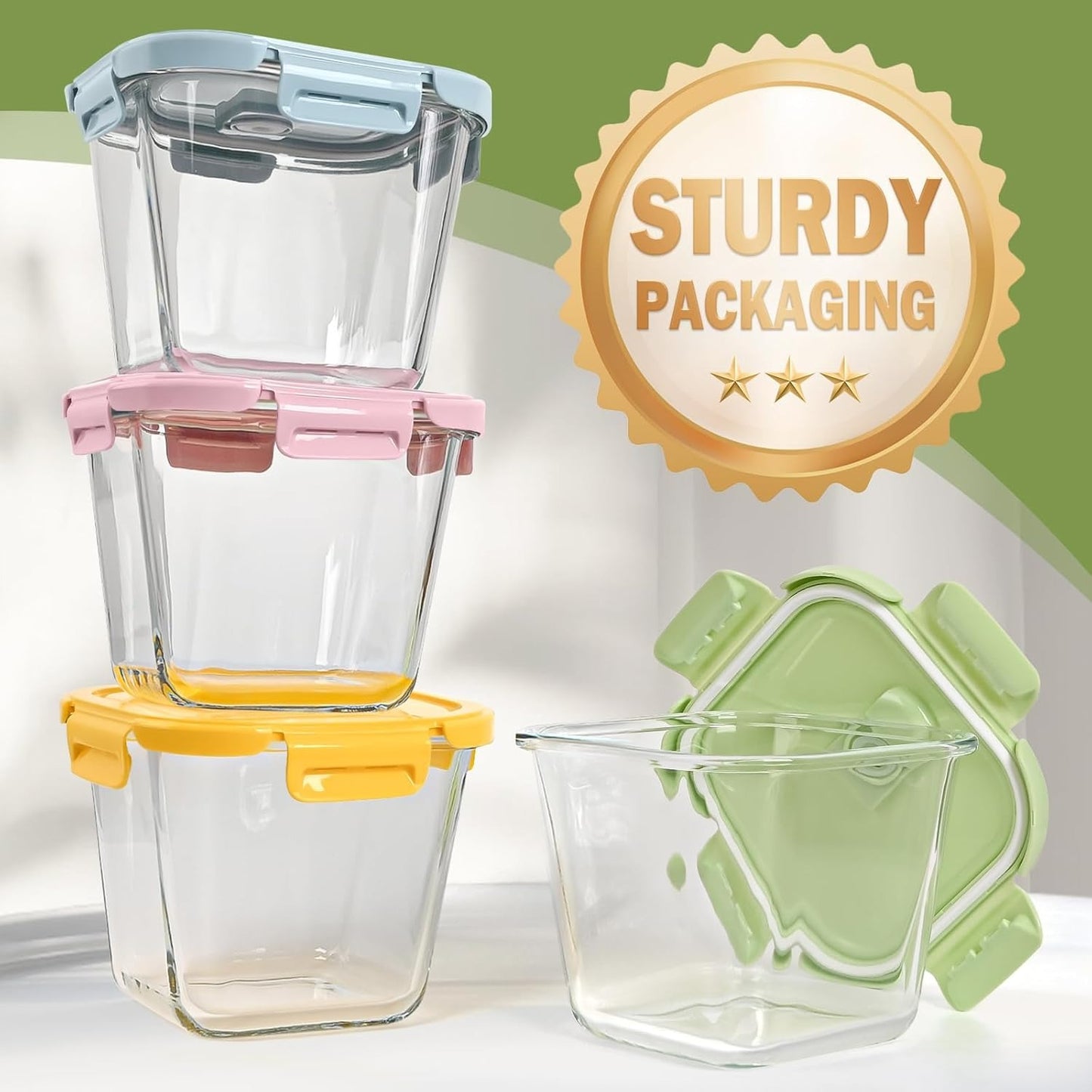 8 Pcs Glass Food Storage Containers with Lids, 4 Cup Airtight Soup Bowl, Square Meal Prep Jar for Fruit, Lunch, Freezer Microwave Safe