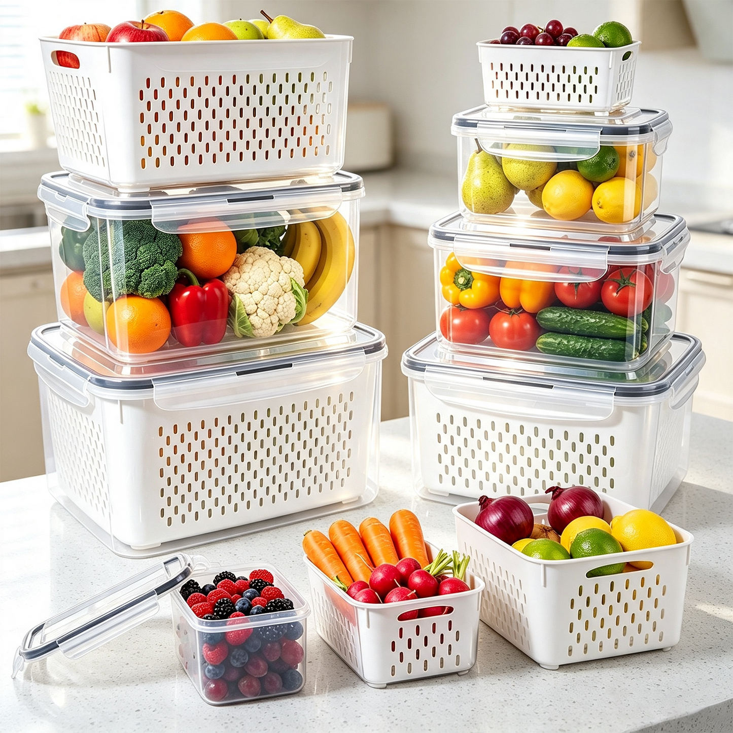 6 Pack Fruit Storage Containers for Fridge with Removable Colanders and Lids, 6 in 1 Leakproof Fridge Organizer Bins for Salad Berry Lettuce Vegetables Meat Keeper Fresh