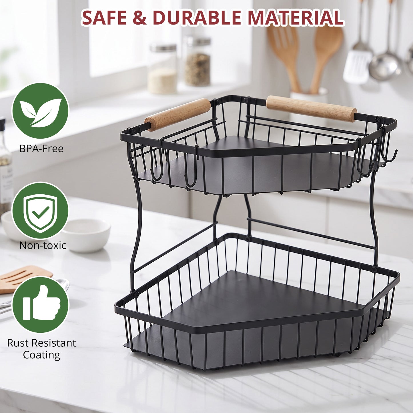 2-Tier Large Fruit Basket for Kitchen Counter with 4 Banana Hangers, Detachable Metal Fruit Bowl with Wooden Handle, Fruit Stand/Fruit Holder for Bread, Snacks, Vegetables,Produce with Protective Mat