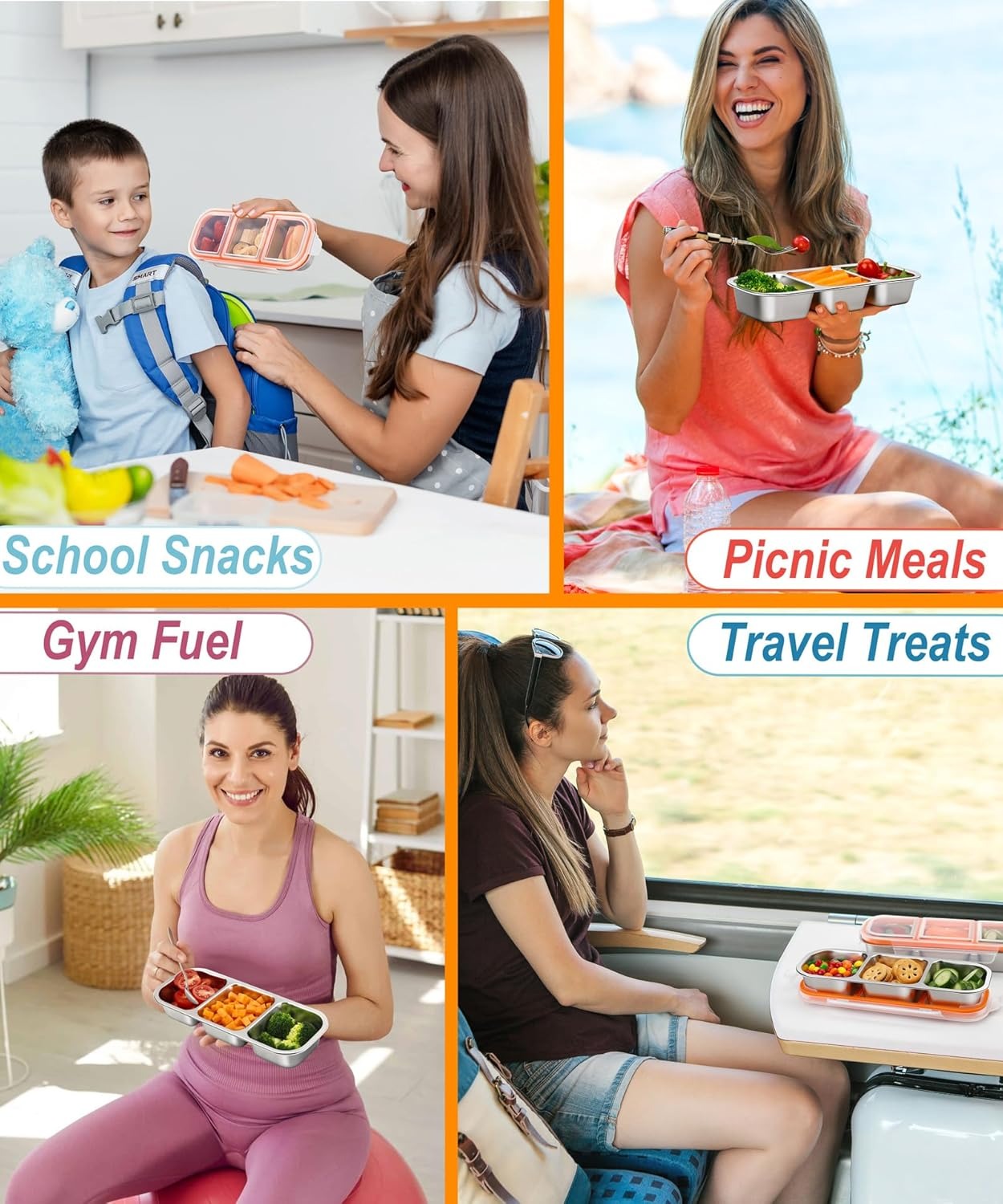 3 Pack Stainless Steel Snack Containers, 3 Compartment Metal Bento Lunch Box with 10 Mini Fruit Forks, Leak-Proof Stackable Meal Prep Containers for Kids & Adults