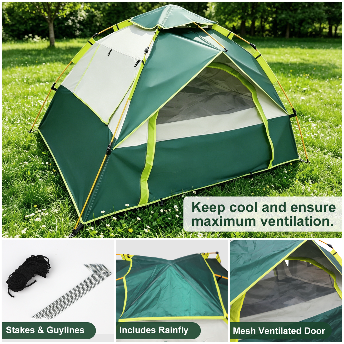 Mibote 4-Person Camping Tent, Auto Setup Pop Up Tent, Waterproof, Huge Door & Windows for Camping, Hiking, Travel