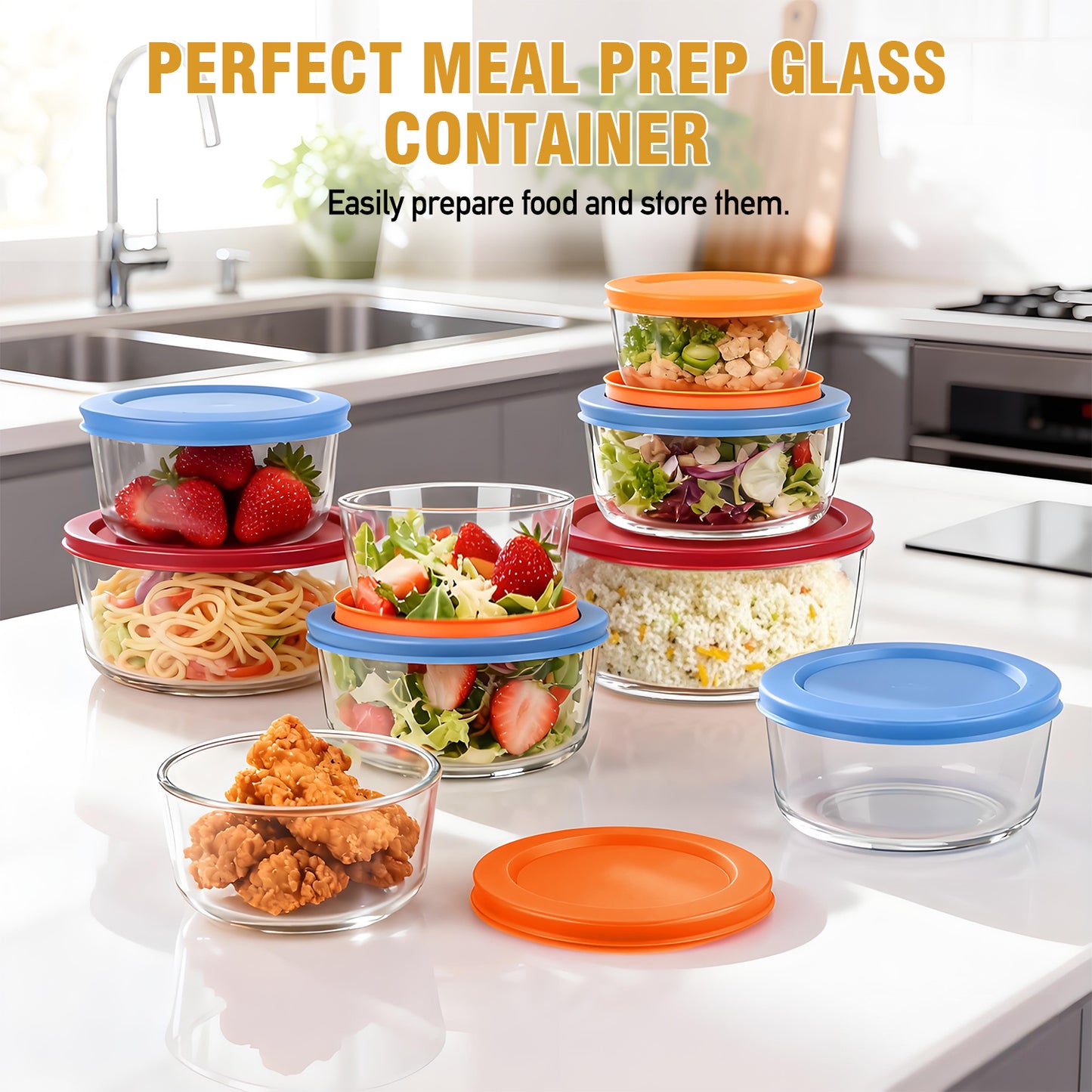 TAIMASI 6 Pcs Glass Food Storage Containers Set, 7, 4, 2 -Cup Round Containers with Lids, BPA-Free, Dishwasher & Microwave Safe Lunch Box