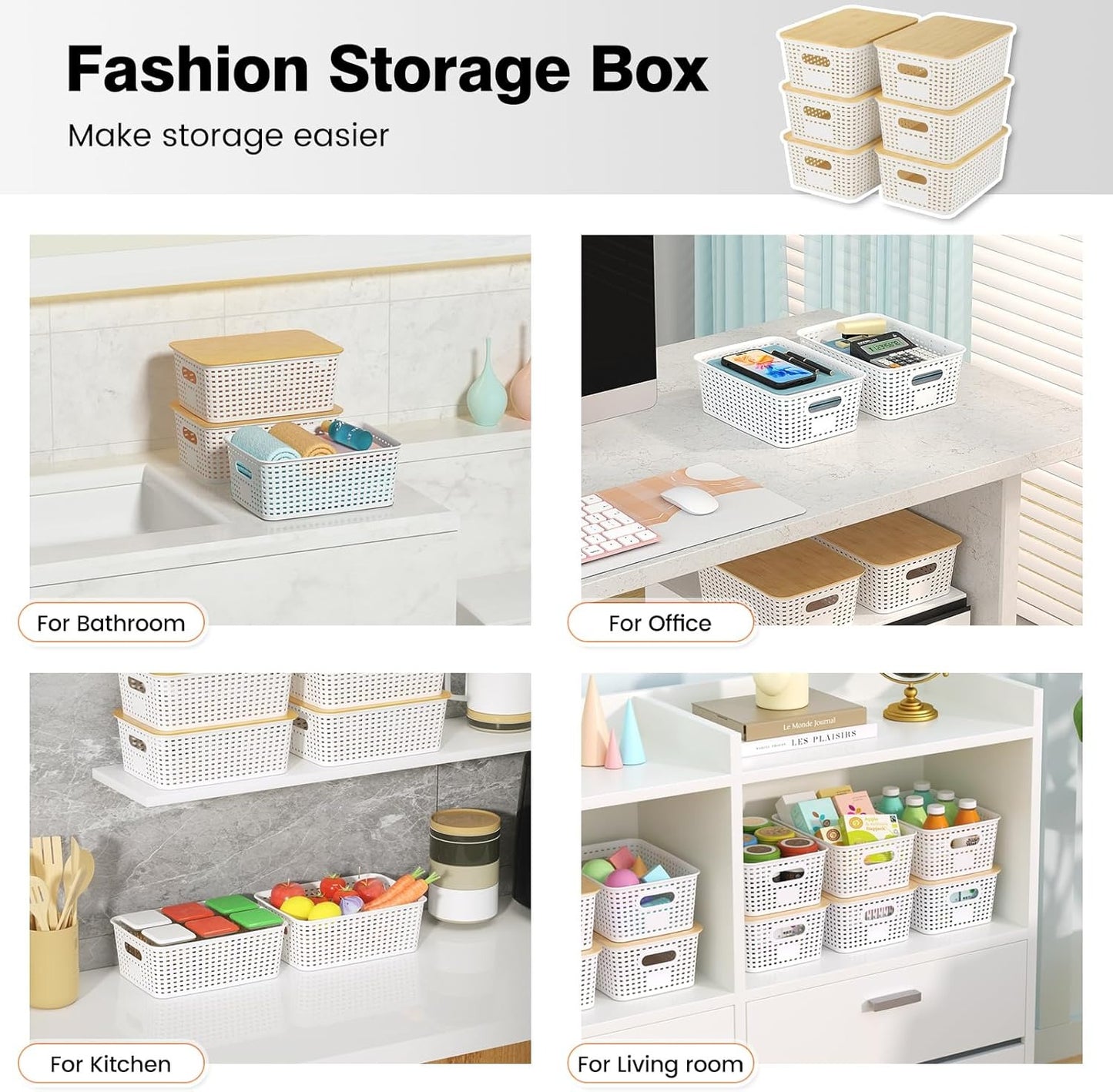 6 Pack Stackable Plastic Storage Baskets with Bamboo Lids, Storage Containers for Organizing Shelves, Drawers, Desktop, Closet, Office & Classroom, Includes Labels & Pen