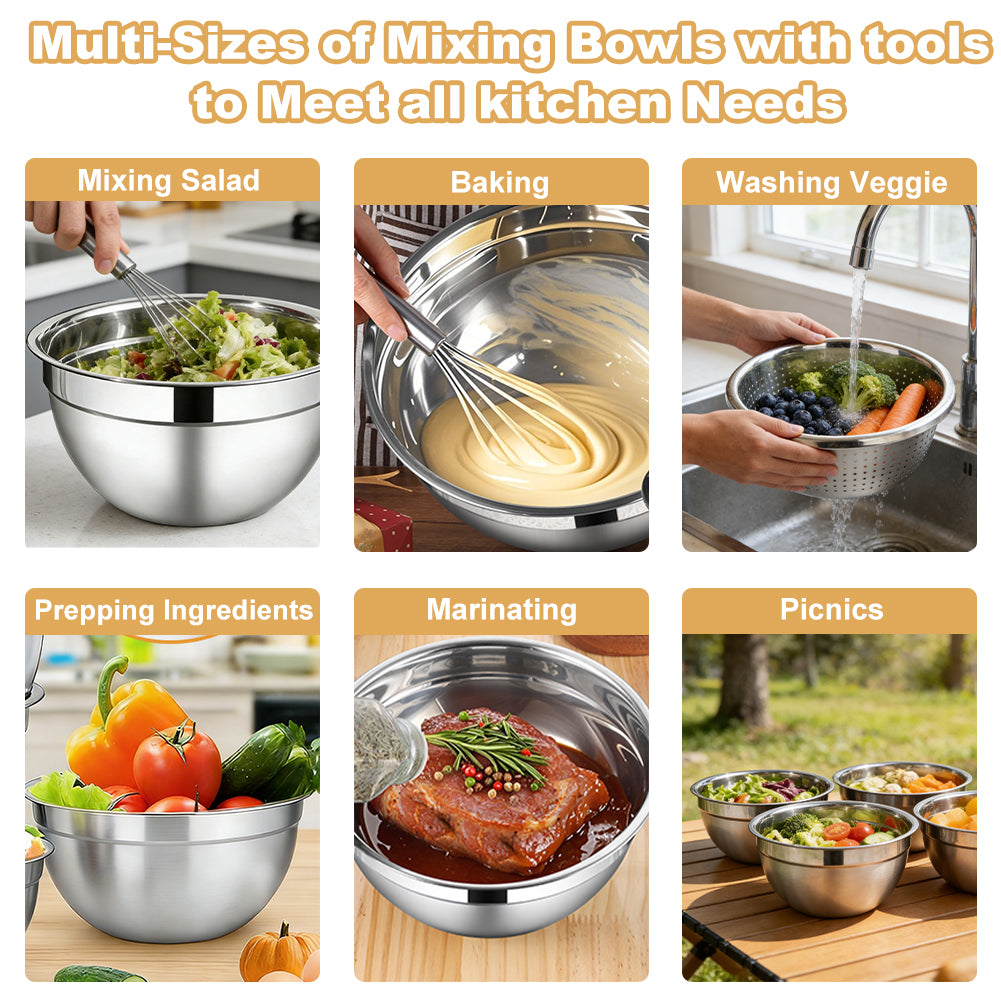 Mixing Bowls with Airtight Lids Set, 30 PCS Stainless Steel Mixing Bowls Set with Colander & Grater, Kitchen Serving Gadgets and Accesseries, Size 4.5, 3, 2.5, 2,1.5,1, 0.75 QT, Khaki