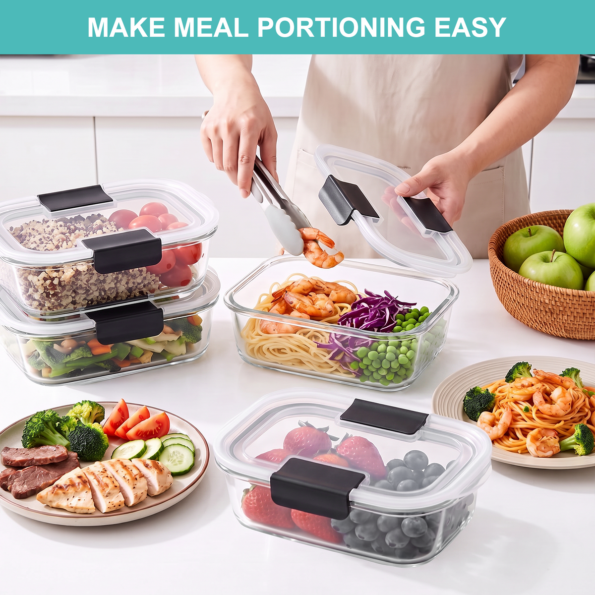 20 Pcs Glass Food Storage Containers with Lids, Glass Meal Prep Container Sets with Snap Airtight Lids, Meal Prep Containers with Sauce Cups, Microwave, Oven, Freezer & Dishwasher Safe, Leak-Proof