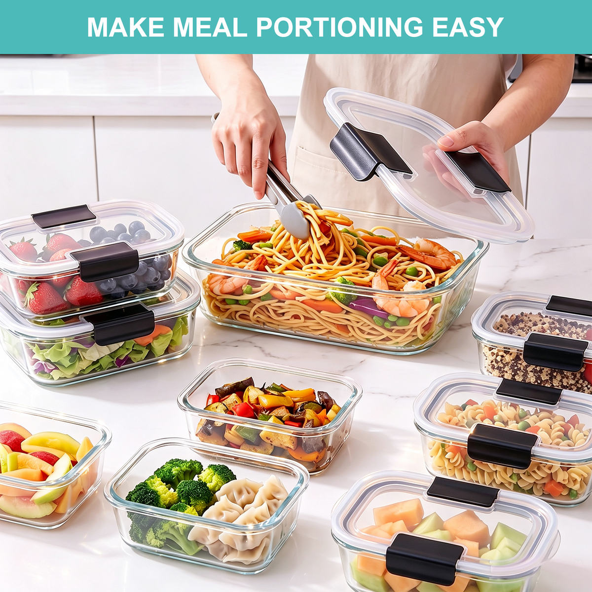 30 Pcs Glass Food Storage Containers with Lids, Glass Meal Prep Container Sets with Snap Airtight Lids, Meal Prep Containers with Sauce Cups, Microwave, Oven, Freezer & Dishwasher Safe, Leak-Proof