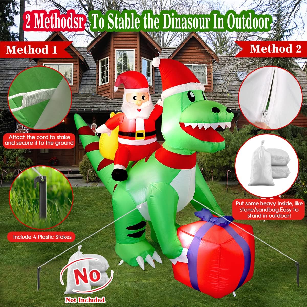 5FT Christmas Inflatables Decorations, AOKIWO Indoor Outdoor Xmas Blow up Santa Dinosaur Gift Bag Built-in LED Lights Decoration for Yard, Lawn,Garden