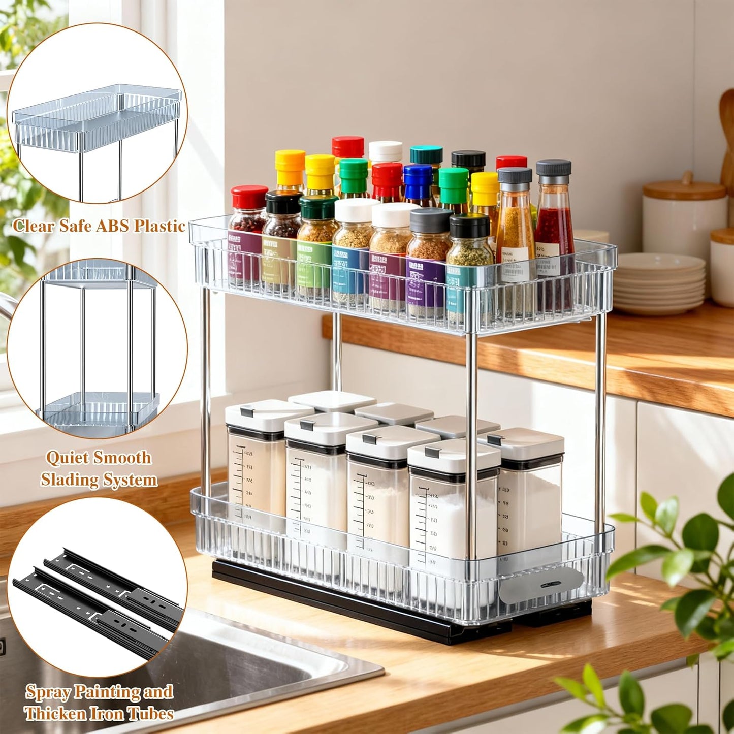 3 Pack Pull Out Spice Rack Organizer for Cabinet, 2 Tier Slide Out Spice Racks Organizer, Spice Cabinet Organizers, Cabinet Size Need:12'' High x 11'' Deep x 5'' Wide, Clear Acrylic